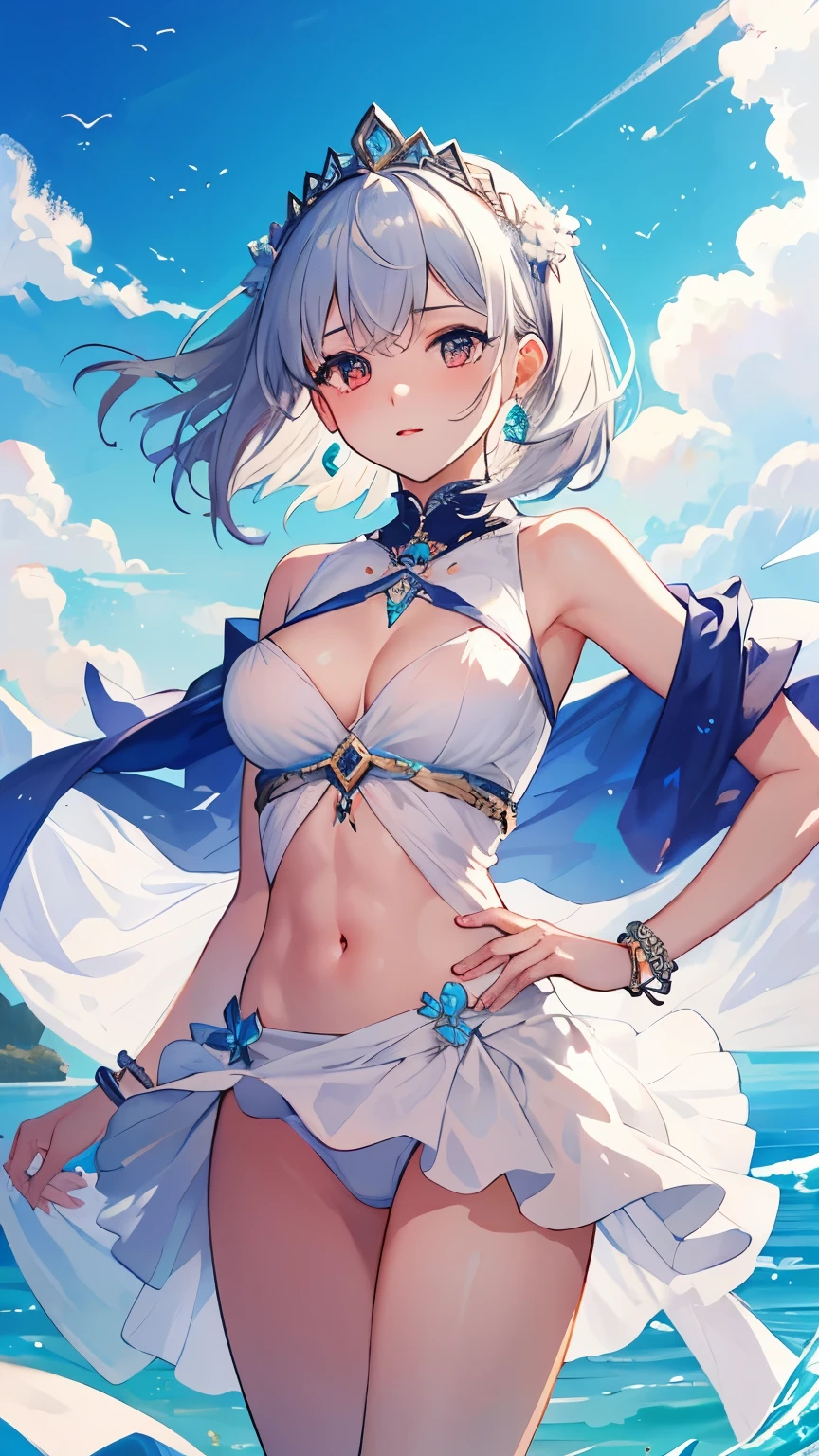 young girl silver hair white dress short hair red eyes irreverent face look down thin body thin thighs small breasts small ass toned body wrist bracelet jewelry bracelet tiara with jewels sunlight ripped abs slanted eyes white skin deep red eyes symmetrical transparent dress No underwear arm tattoo high quality High resolution 8k perfect 天使のようなyoung girl 女神のようなyoung girl See-through hair blowing in the wind おI can see the navel blue sky big cloud like a goddess Beautiful little girle girl Beautiful l bracelet symmetrical tiara symmetrical dress ripped abs symmetrical earrings I can see your chest dress with open navel nipples are transparent Blowing in the wind big eyes cinched waist tattoo on arm simple dress I can see the navel I can see the breasts Elaborate drawings