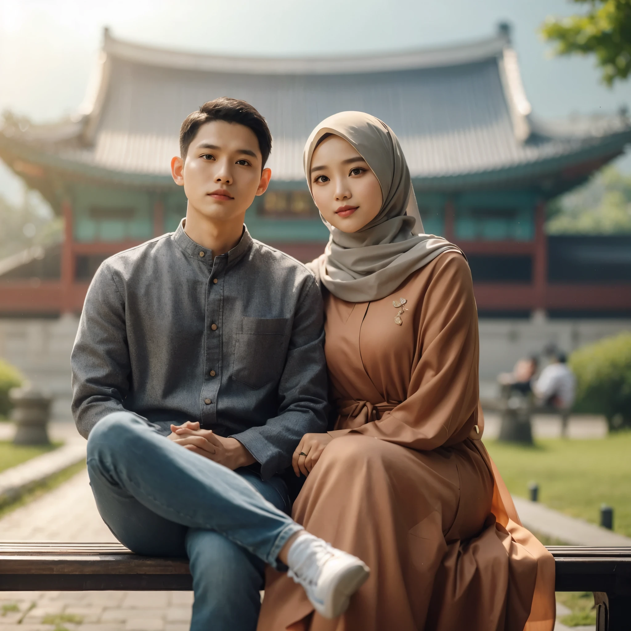 outdoor photo, featuring an Indonesian family portrait with 2 members. a man 35 yo, clean face, a woman 36 yo big body with hijab, memakai baju khas korea, sitting on a park bench, in a city park in Korea, background rumah khas korea, looks blurry, beautiful light, romantic moment, professional photography 