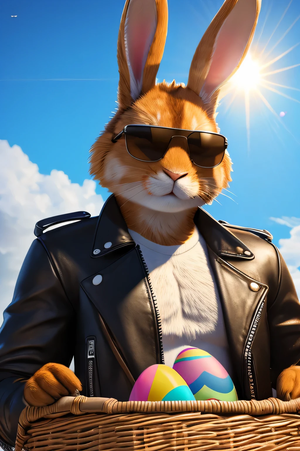 8k, ultra high detail, ultra high resolution, ultra realistic, unreal engine, ultra high quality, ultra high definition, cinematic, cool bunny rabbit, wearing sunglasses and leather jacket, wearing snickers, a basket of Easter eggs floating everywhere, sun in the background