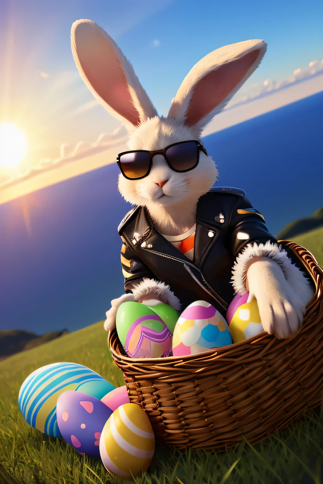 8k, ultra high detail, ultra high resolution, ultra realistic, unreal engine, ultra high quality, ultra high definition, cinematic, cool bunny rabbit, wearing sunglasses and leather jacket, wearing snickers, a basket of Easter eggs floating everywhere, sun in the background