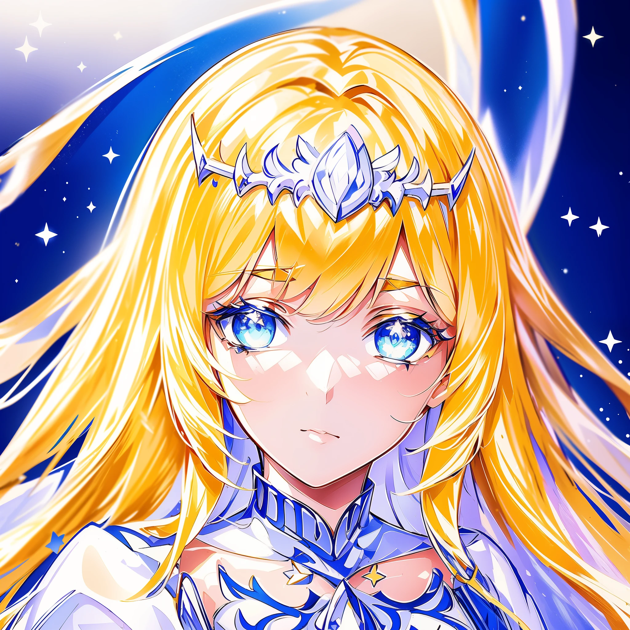 (masterpiece, best quality), intricate details, 8k, artstation, sharp focus, 1girl, star guardian, (cool color theme), 1girl, Calca, blonde hair, extremely long hair, white tiara, tiara on her head, white dress, blue eyes, medium breasts
