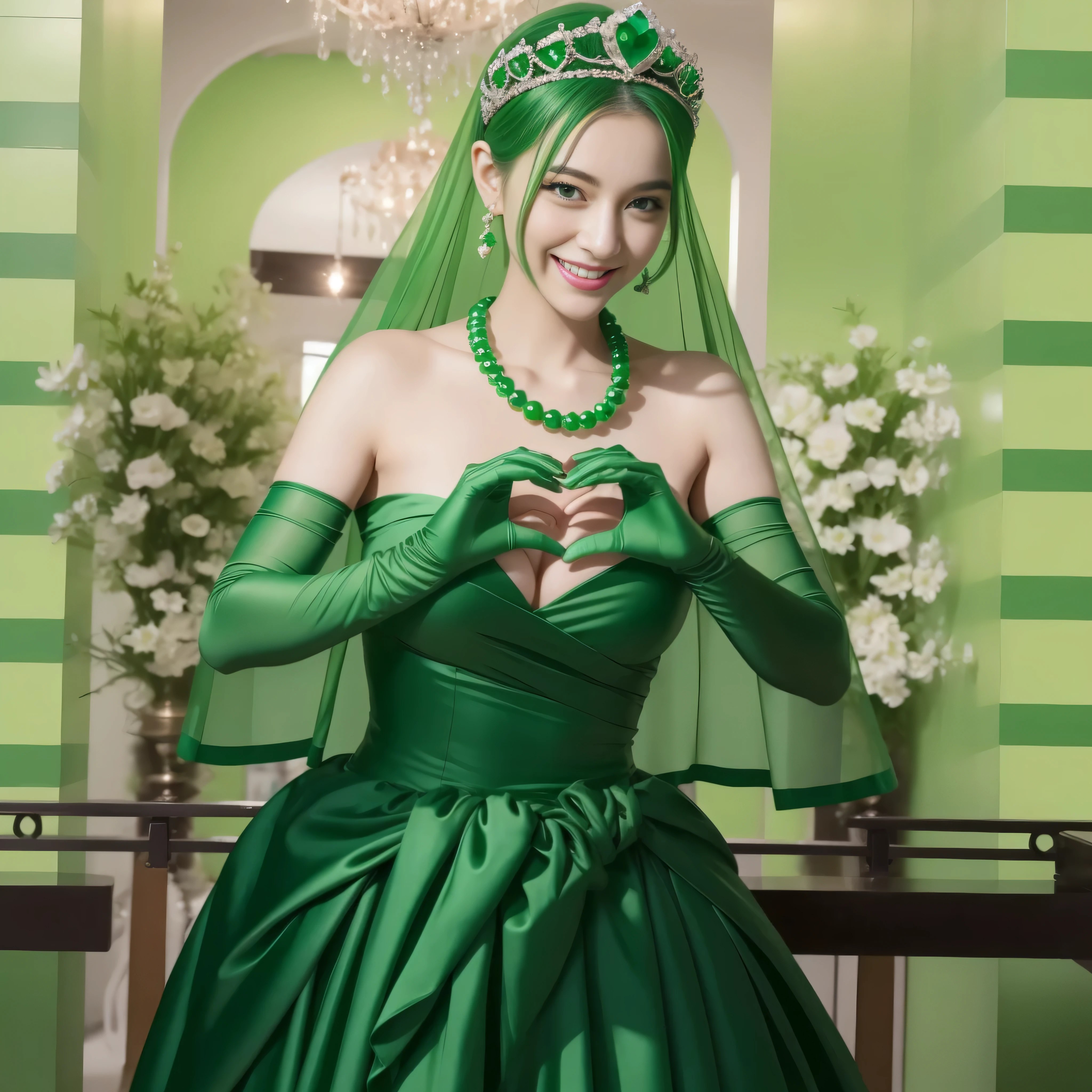 emerald tiara, Green Pearl Necklace, ボーイッシュな非常に短いgreen hair, green lips, Smiling Japan woman in her 30s, very short hair, Beautiful woman with big breasts, green eyes, green satin long gloves, green eyes, emerald earrings, Green veil, Heart with both hands, green hair, beautiful japanese woman, heart shaped hands:1.3, green lip gloss