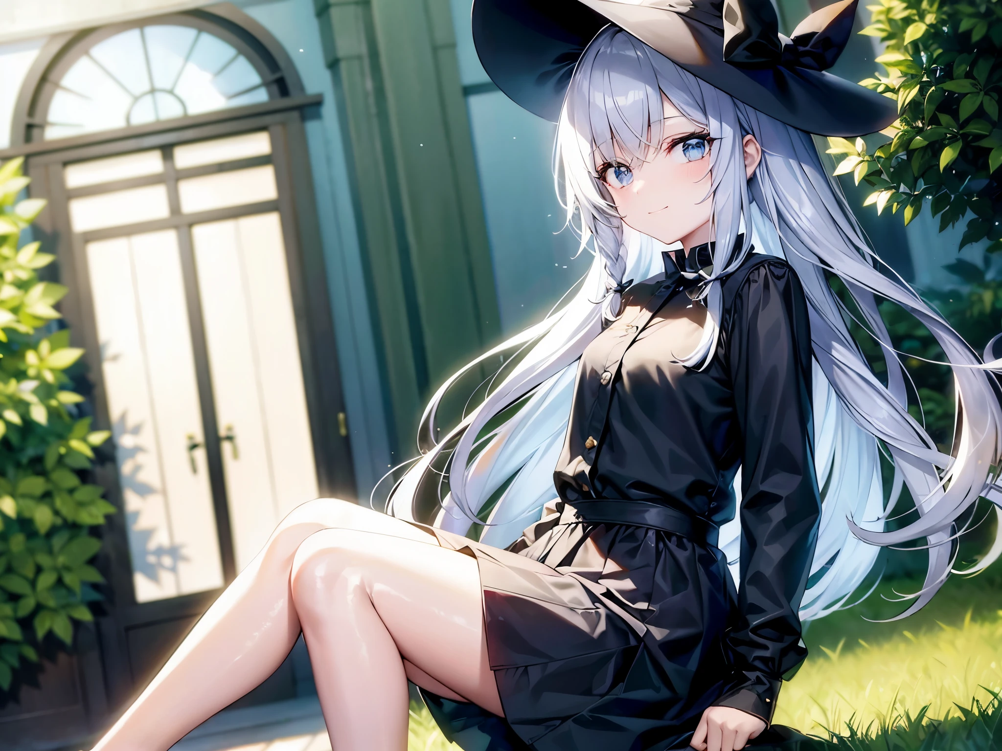 girl with white hair, ,;;;;;;;;, golden eyes, long hair,Green braid tied in bows left and right........,, Wear a black shirt.. Black super short skirt, Wear a hat and fox mask and walk on the grass....With a slightly smiling face.................