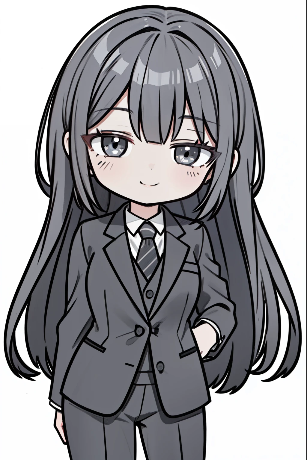 master piece, best quality, high resolution / hires, ultra-detailed, illustration, from front, cowboy shot, looking at viewer, (chibi character:1.2), (1woman:1.2), long hair, dark grey hair, dark grey eyes, dark grey business suit, ((simple white background)), natural smile, standing pose,