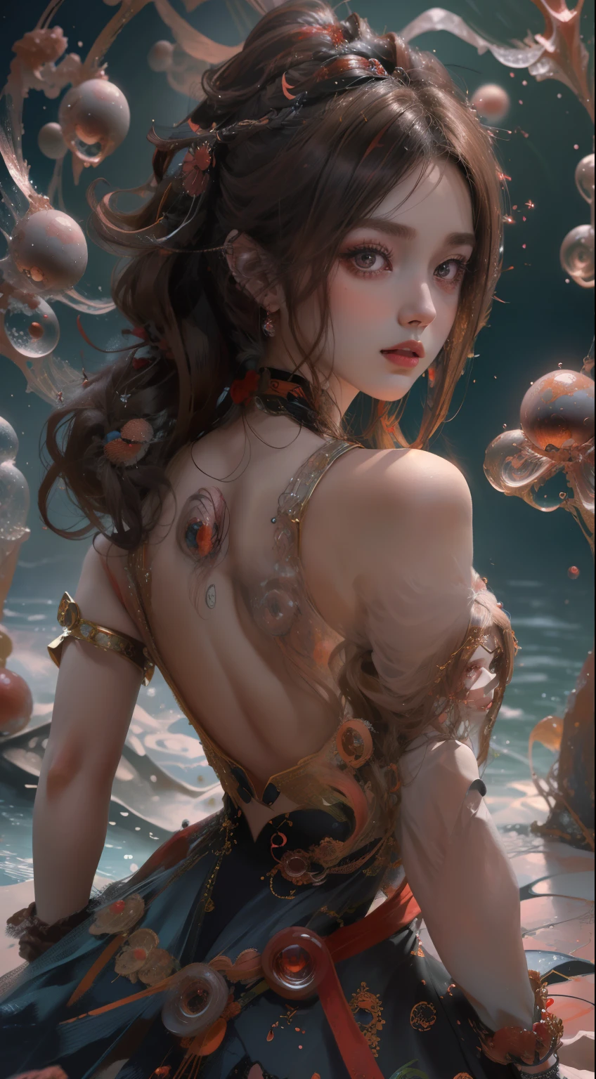 （Modify hair only、Face）Reddish-brown hair，Long curly hair，high ponytail，red headdress，red eyes，red eye，red pupils，Delicate and detailed eyes，sparkling eyes，huge ，A large number of dense mysterious sphere backgrounds，back tattoo