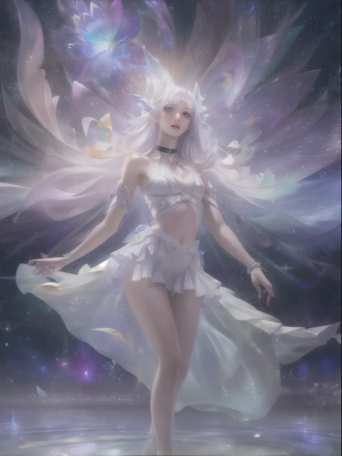 (ethereal, dreamlike), (white hair girl), (dancing in the space), (floating dress), (graceful movementasterpiece, top quality, best quality, official art, beautiful and aesthetic:1.3), (1girl:1.3), extreme detailed,(fractal art:1.3),colorful, photoRealstic, cosmic background, celestial glow, serene atmosphere, hypnotic, enchanting, otherworldly, seamless motion, high resolution, detailed textures, ethereal lighting, mesmerizing, EV-1.0,NSFW、barechested、14years、fullnude、art stations、4 k、awardwinning、being thin、Slender body、Smaller chest、Ribs、Live-action background、fullnude、fullnude、Luxurious hair ornaments、８Head and body、A slender、Very skinny、Luxury、skinny、Ribs、discreet breasts、Smaller chest, beauty legs、Constricted waist、dented belly、Beautiful hair、Condescending look、Whole body frame-in from head to toe、summer、dog collar、a choker、Yui Arakaki