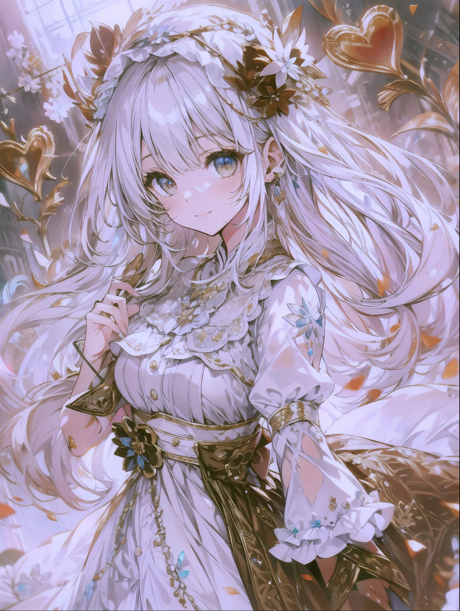 8K resolution, ((highest quality)), ((masterpiece)), ((super detailed)), (very delicate and beautiful), with a girl, solo, cute, gentle expression, bright smile, bright white hair, long hair, light brown eyes, Shining eyes,  beautiful eyes, Amazing eyes, Brown hair ribbon, white dress, brown skirt, chocolate, ホワイトchocolate, Valentine, bright atmosphere, nice atmosphere, Depth of the bounds written, beautiful background, whole body