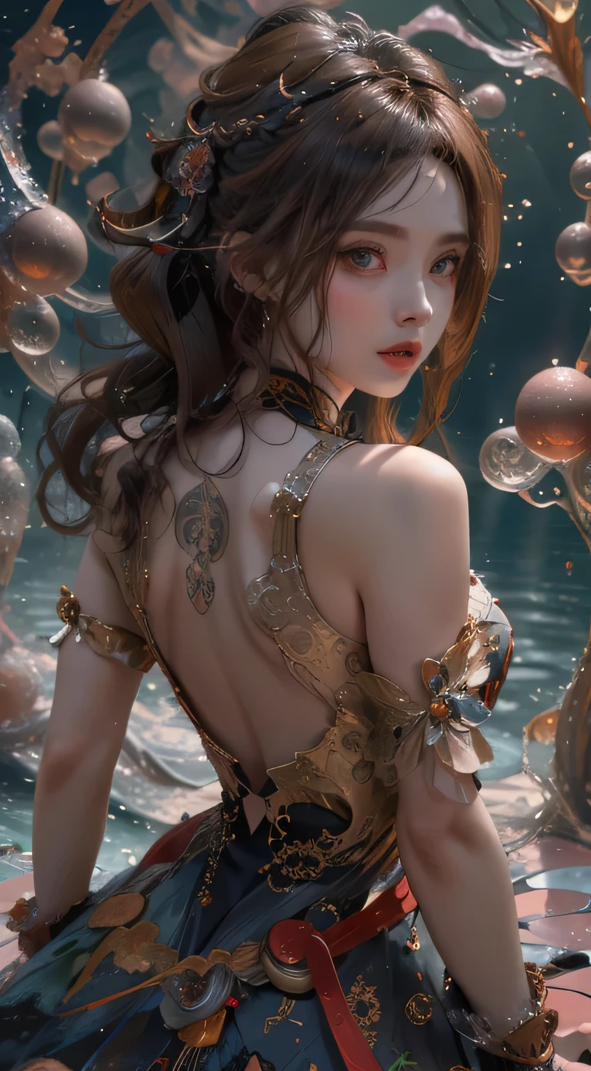 （Modify hair only、Face）Reddish-brown hair，Long curly hair，high ponytail，red headdress，red eyes，red eye，red pupils，Delicate and detailed eyes，sparkling eyes，huge 