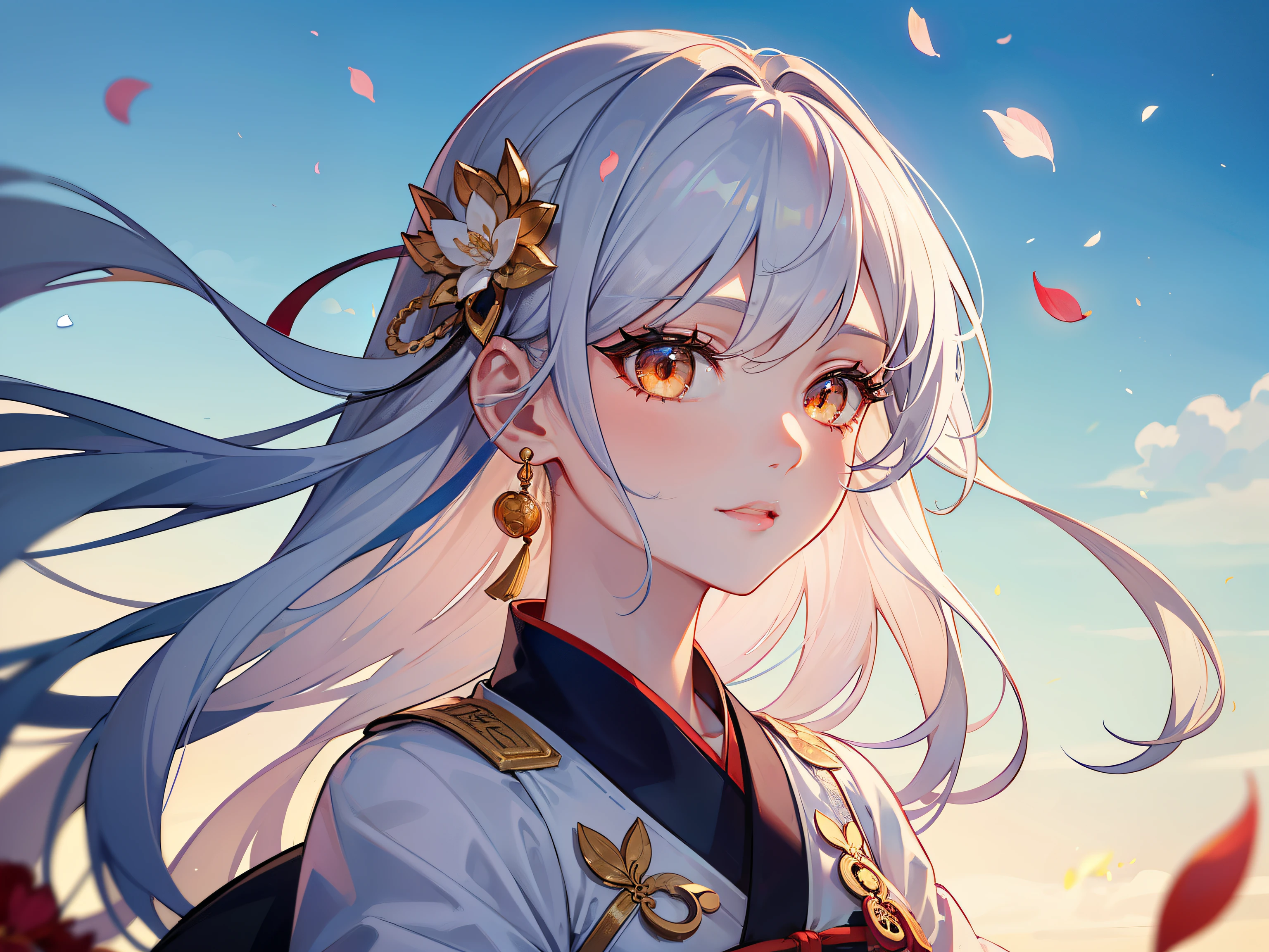 mature girl, orange eyes, Blue-white hair color, Floating hair, Eyes are delicate and flexible, Intricate damask hanfu, Gorgeous accessories, wearing pearl earrings, field of view, F/1.8, masterpiece, ancient chinese architecture, blue sky, petals flying, Frontal portrait shooting, Chang'e, Side lighting, sunlight shining on people,