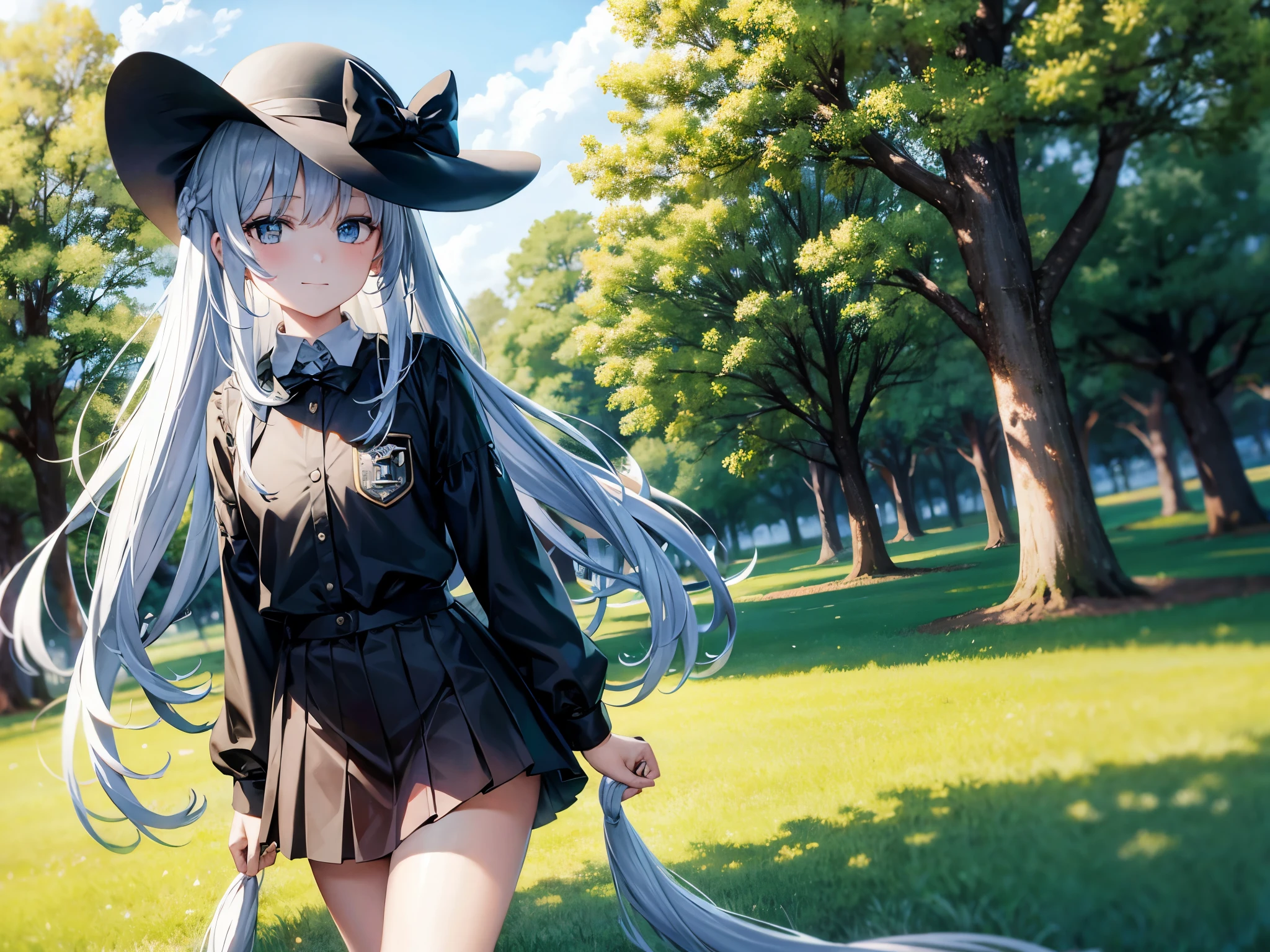 girl with white hair, 7 years old,;;;;;;;;, golden eyes, long hair,Green braid tied in bows left and right........,, Wear a black shirt..  Black super short skirt, Wear a hat and fox mask and walk on the grass....With a slightly smiling face.................