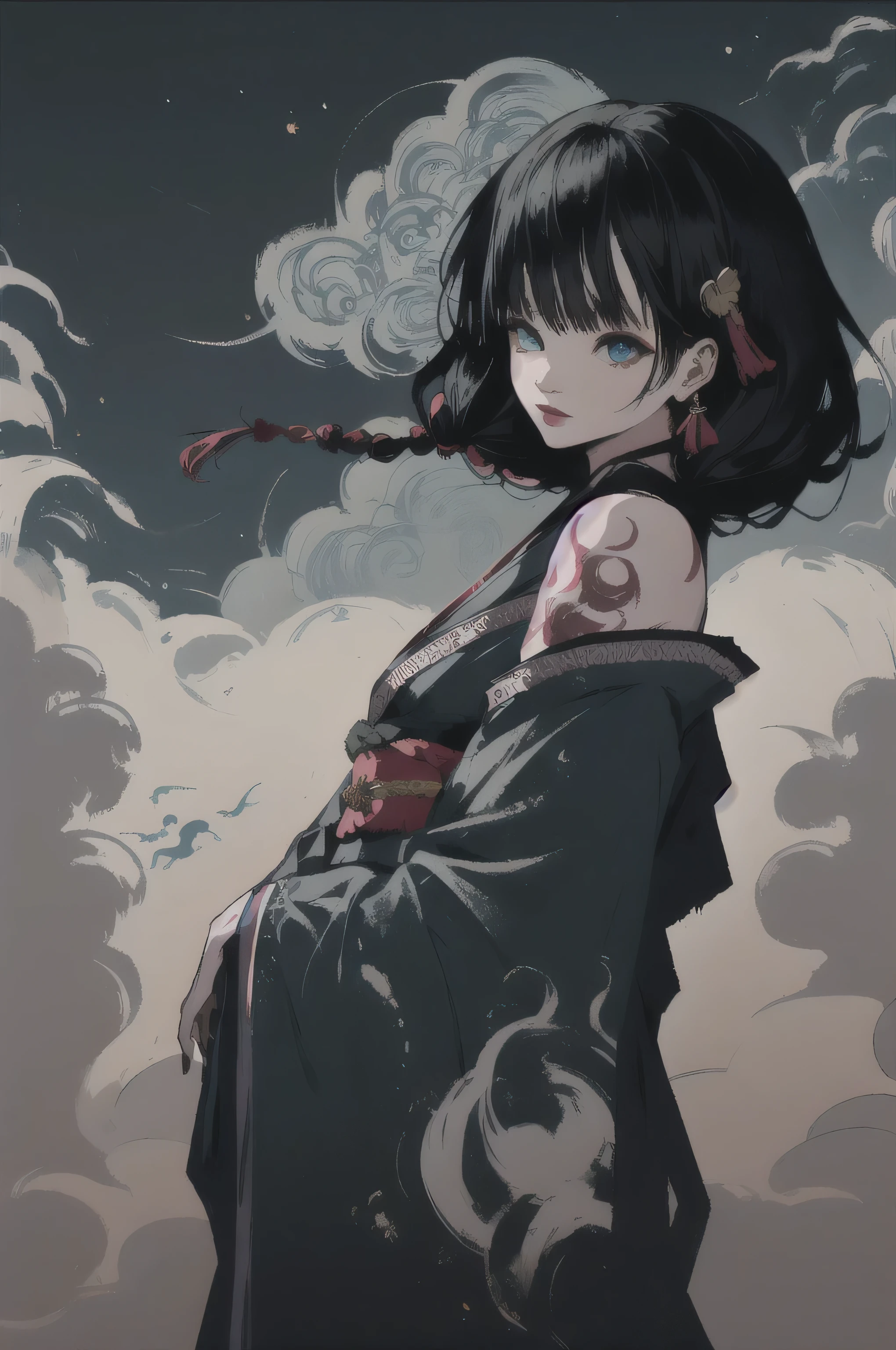 1 girl, alone, tattoo, trumpet, black hair, arm tattoo, long hair, blue eyes, looking at the audience, hair accessories, shoulder tattoo, 单trumpet, bead, bandage, bandaged arm, Hundreds of ghosts at night, bare shoulders, nail, Keep, Japanese kimono, Oriental traditional art style, beautiful painting style, Ukiyo-style