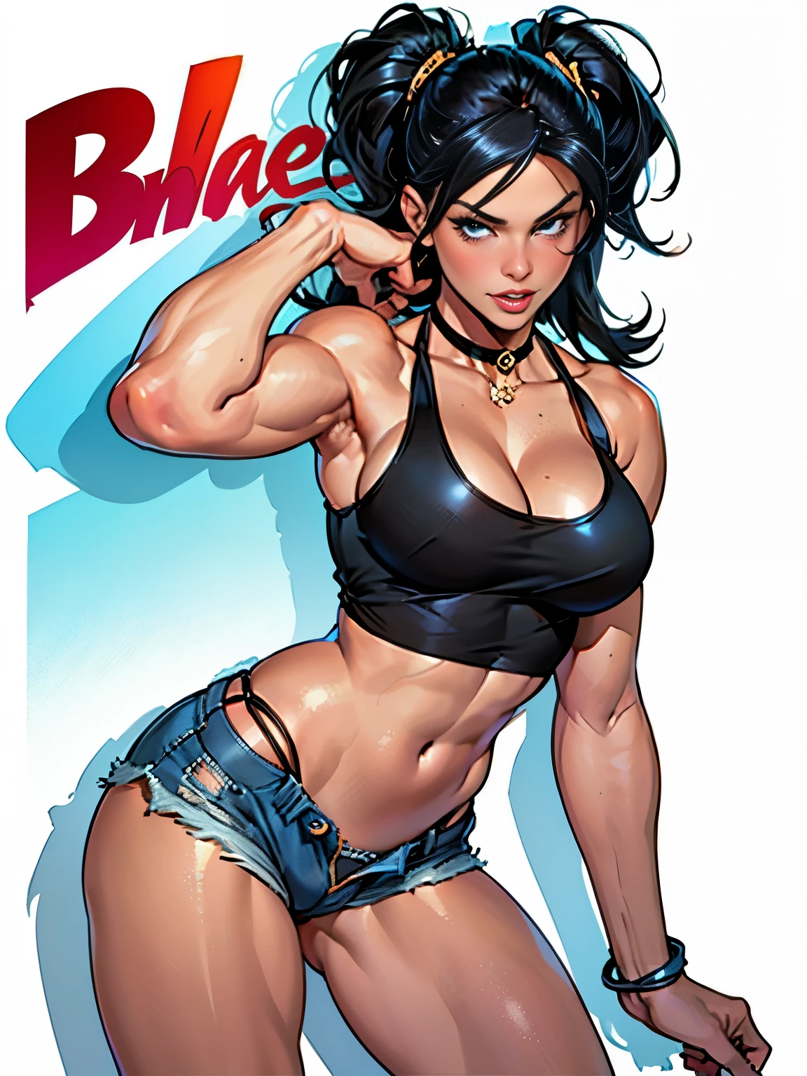 (high quality, best rendering), (beautiful girl), Blue Eyes, ((black long straight hair)),(bombshell, pin-up style), psychopath, crazy face, sexy pose, jean short shorts, tank top, pastel, centered, scale to fit dimensions, micro thong, micro bikini, camel toe