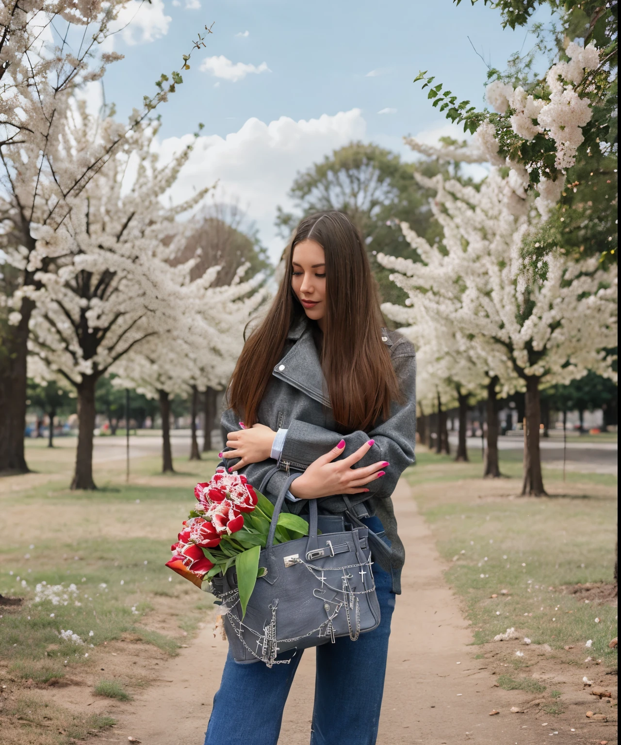 Brunette girl stands in the park, Vesna, spring weather, flowers, realistic photo, bokeh effect, good quality