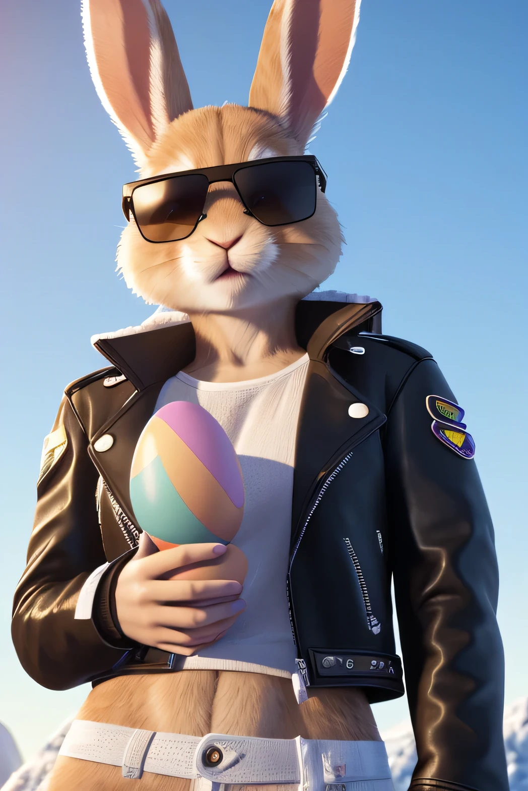 8k, ultra high detail, ultra high resolution, ultra realistic, unreal engine, ultra high quality, ultra high definition, cinematic, cool bunny rabbit, wearing sunglasses and leather jacket, wearing snickers, Easter eggs floating everywhere like snow, sun in the background, cute female rabbits in the background.