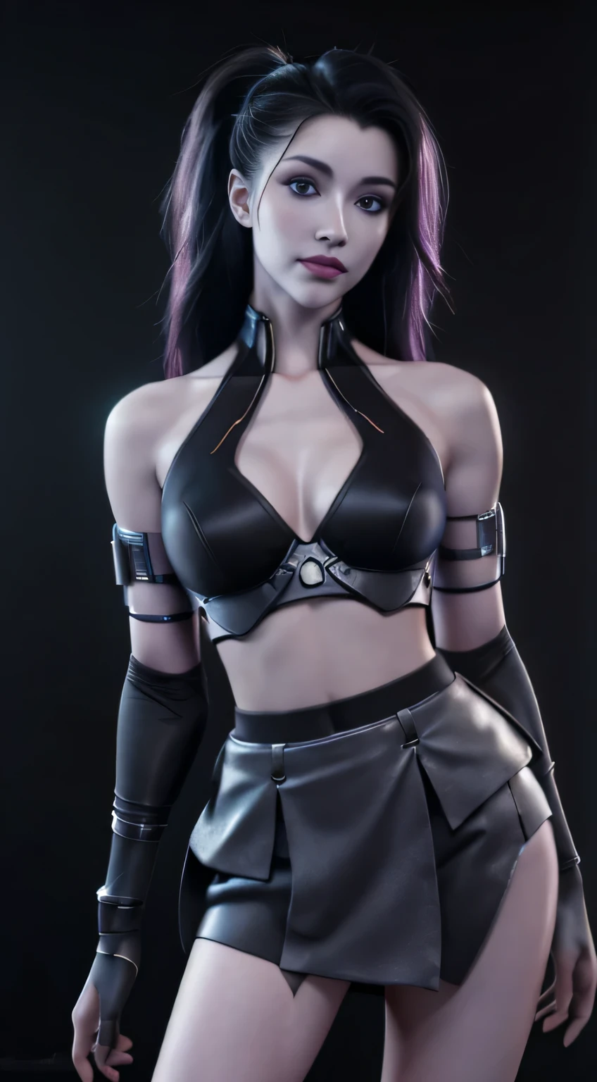 Ariana Grande cyborg, cyber warrior, naked, long hair, blue eyes, black hair, big breasts, neckline, Thigh wide, Science fiction, Seeberg:1.4, cyberpunk,( black background shine: 1.25),More detailed 8K.Unreal Engine:1.4,ultra high definition,La best quality:1.4, lifelike:1.4, texture:1.4, masterpiece:1.8,masterpiece, best quality,object object], (Detailed facial features:1.3),(Subtle and beautiful eyes :1.1),(perfect anatomy),Lingerie sexy pink,(cyber warrior白:1.4),(fondo ciudad Tokio cyberpunkAI colors:1.4) ,(Finger protruding details), (  cyborg),(masterpiece:1.2), (best quality:1.2),(masterpiece:1.2), (best quality:1.2),(miniskirt Seeberg:1.4), (panties Seeberg)