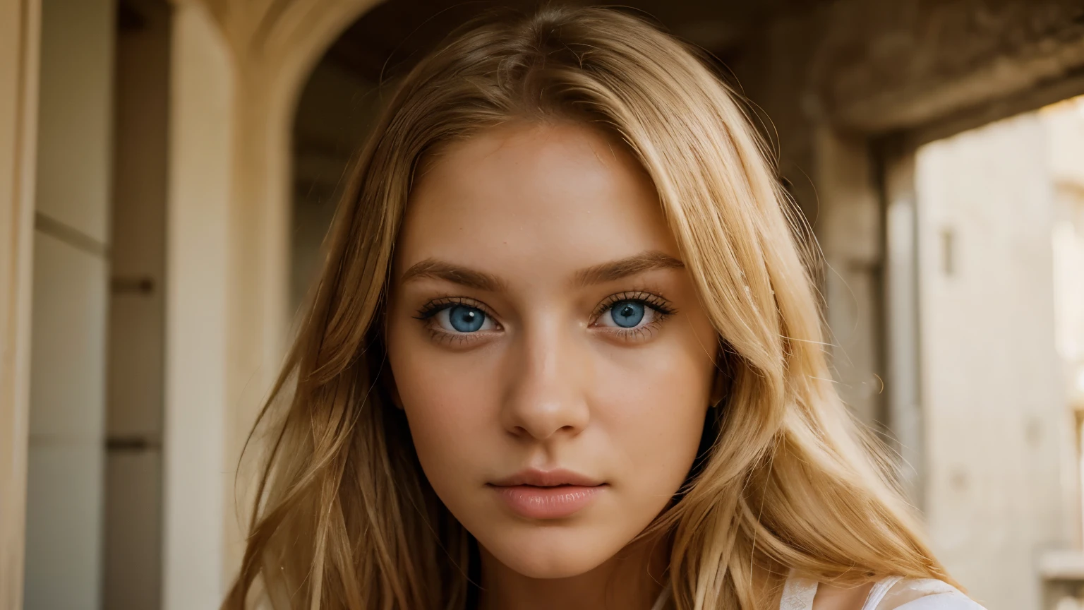 a portrait of reality beautiful 25 years old blonde girl blue eyes looking directly at the camera, hyperdetailed photography, soft light, portrait, realistic