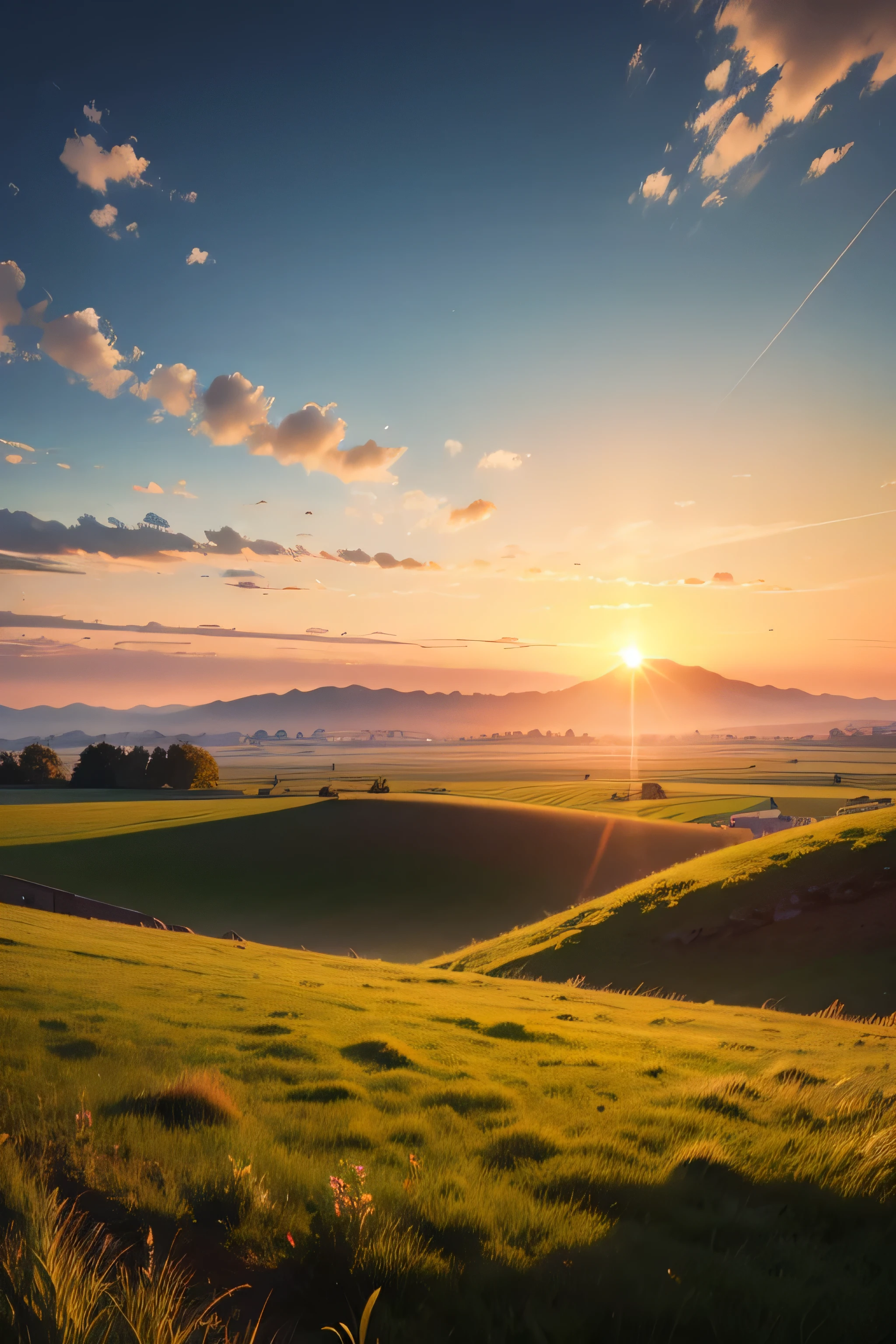 sunrise,horizontal line,grassland