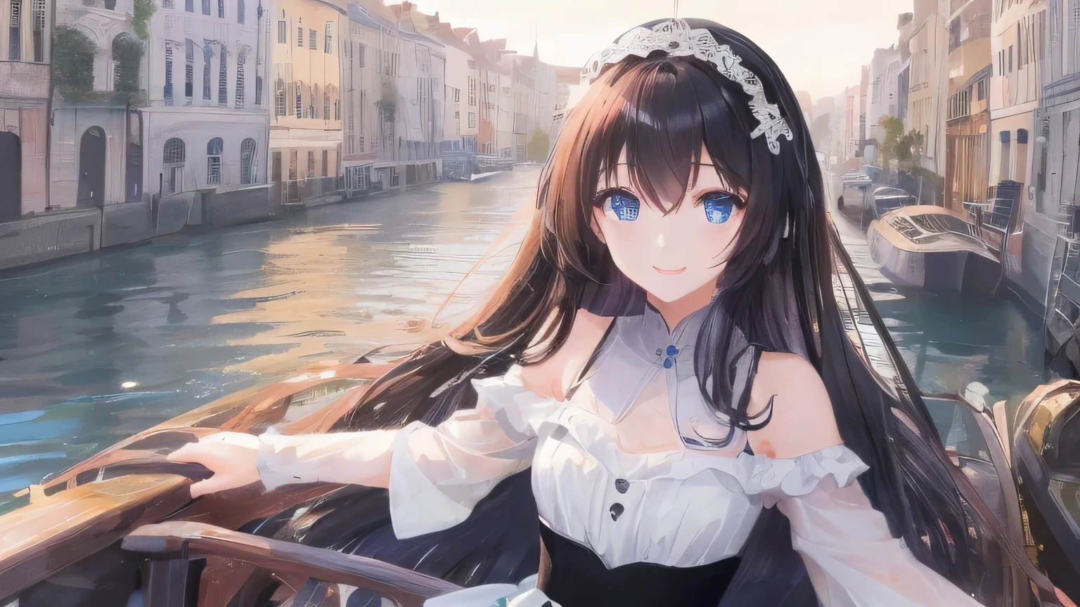 young woman、black long hair、perm from the shoulders down、blue eyes、beautiful eyes、smile、small bust、white dress、canal boat ride、