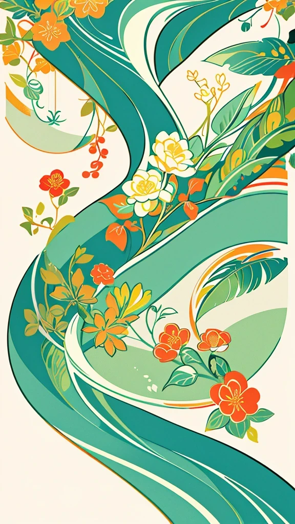 A bit retro color,flat,,rice print style,illustration,charming,leave blank,low saturation,Many flowers,Arrange individually,leaf,branch,printing, a sticker,random distribution,charming风格, color guide,Graphic design,carpet pattern,(Solid background)