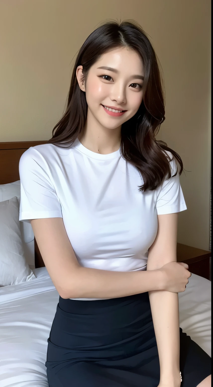 white tight tight shirt、white tight tight skirt、bed、smile、short sleeve、high resolution、Korean idol face