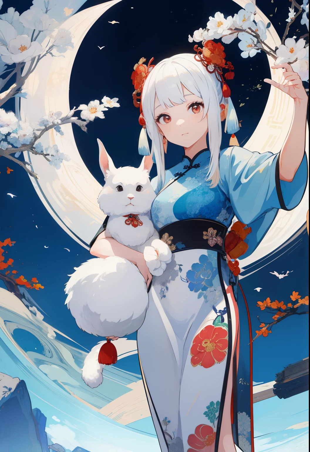 (Chinese aesthetics:1.5), (view from below:1.2),rabbit,personification,big color block,White,blue, Upper body, There are flowers,