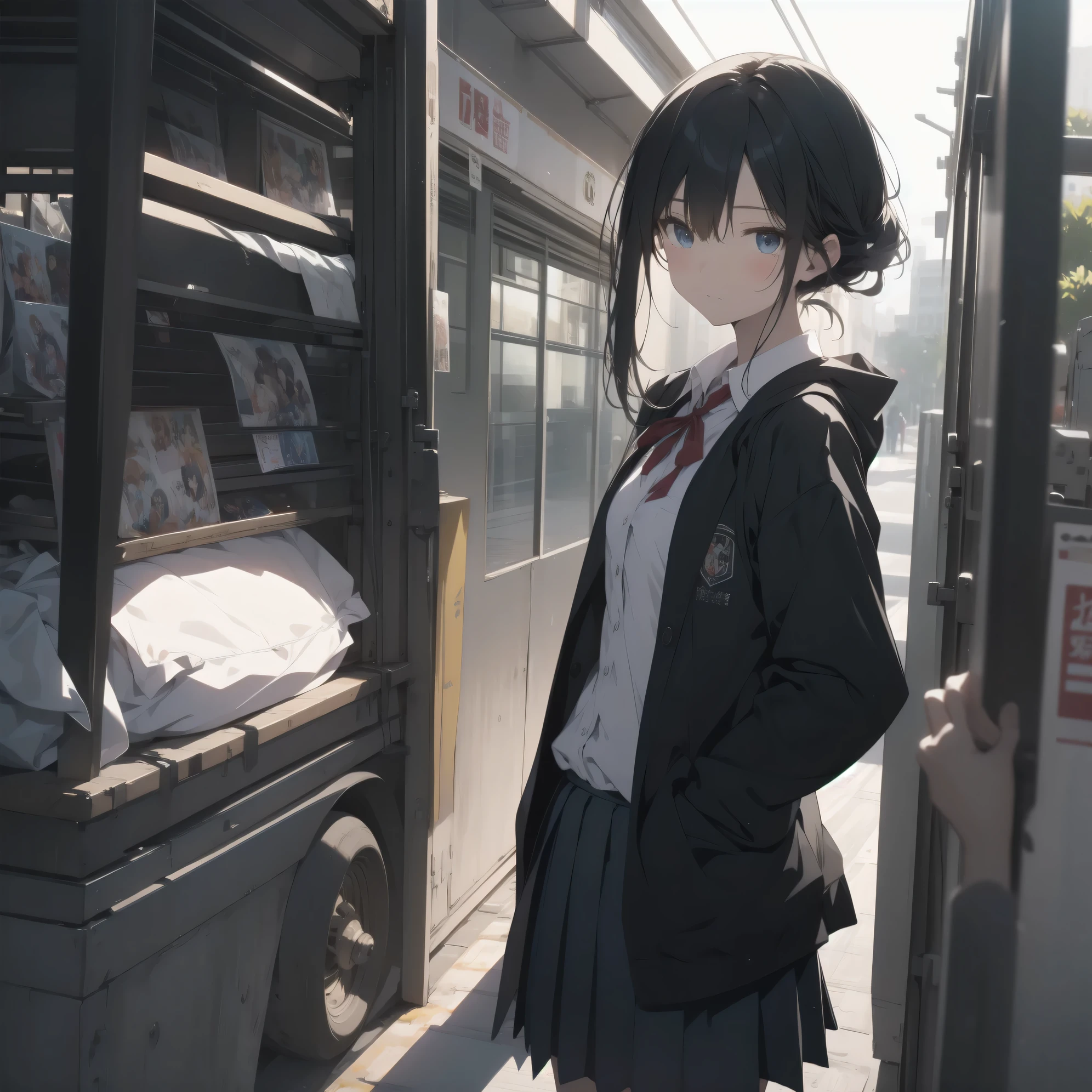 Super absurd quality by the god of art, super detailed, High resolution, anime moe art style, Best Anime 8K Kona-chan Wallpaper, pixiv contest winner, perfect anatomy, break,cowboy shot, (眠そうにalone学校へ行く女の子を描いてください. )break,1 girl, (alone,little woman, cute face, 13 years old:1.3),All limbs, full finger,, The charm of an immature body, (very_short hair), shortcut, Bang, flat chest, small ass, between legs, small black eyes, detailed and beautiful eyes, Well-proportioned iris and pupils, expressive eyes, High resolutionの詳細な髪, neck ribbon, shirt, collared shirt, skirt, pleated skirt, school uniform, (detailed lighting), (detailed background), On the way to school. break,super dense skin, Best cinematic lighting powered by famous artist, 8k,Beauty Illustration,photoshop_(Moderate),Absurd Hi-Res,Hmm,rough skin,break,((artist:Fujiyama)), artist:Fujichoko,artist:Yamamoto_Soichiro,artist:hanekoto