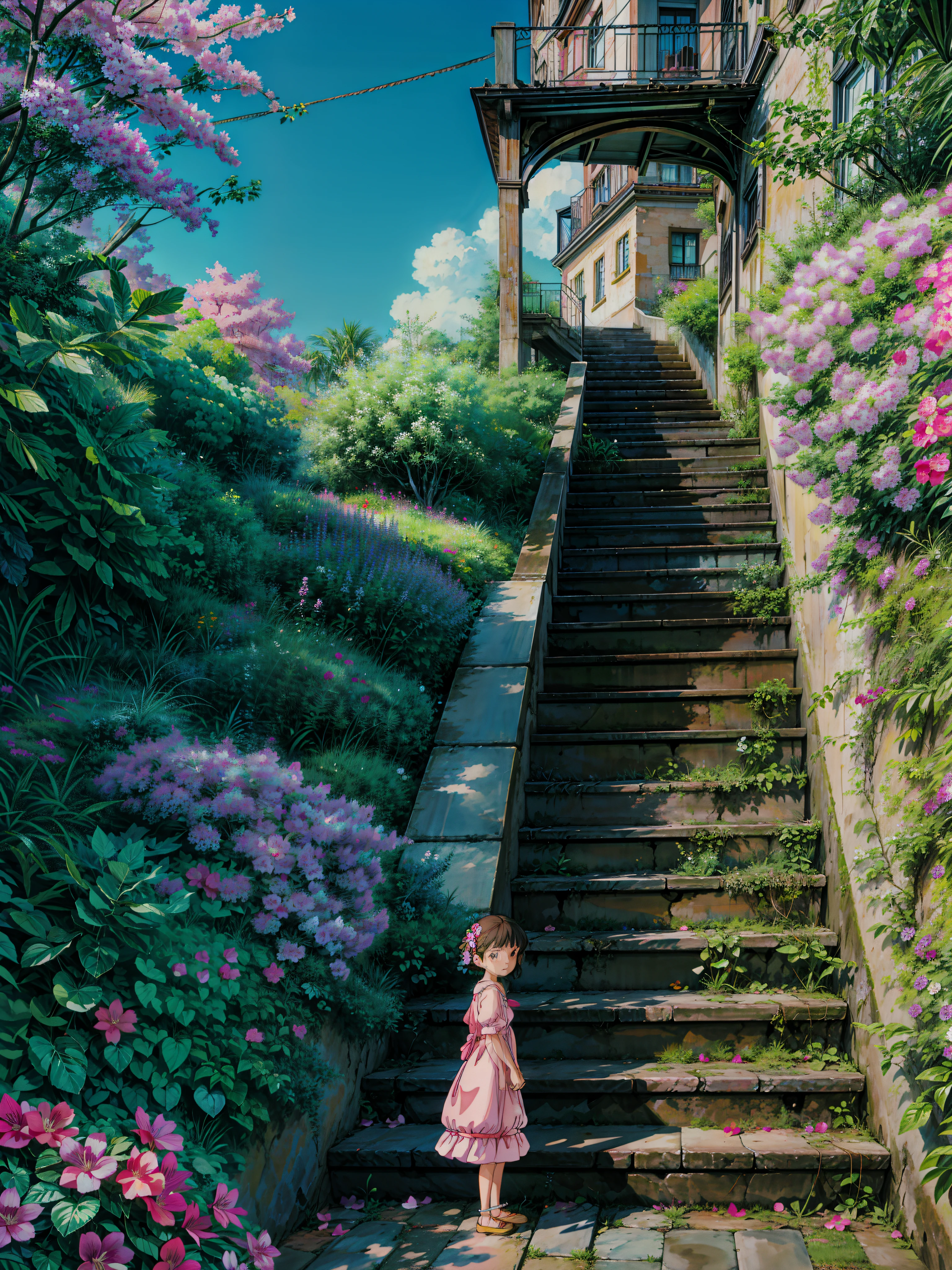 painting of a set of stairs covered in pink flowers, blossoming path to heaven, bougainvillea, old stone steps, stairways, leading to a beautiful, stone steps, stairway, stairway to heaven, outdoor staircase, staircases, stone stairway, steps leading down, dreamy and romantic, steps 50, steps, romantic greenery, stairs and arches , sunlight, beautiful calm lofi vibe,beautiful art uhd 4 k, a beautiful artwork illustration, beautiful digital painting, highly detailed digital painting, beautiful digital artwork, detailed painting 4 k, very detailed digital painting, rich picturesque colors, gorgeous digital painting, no people