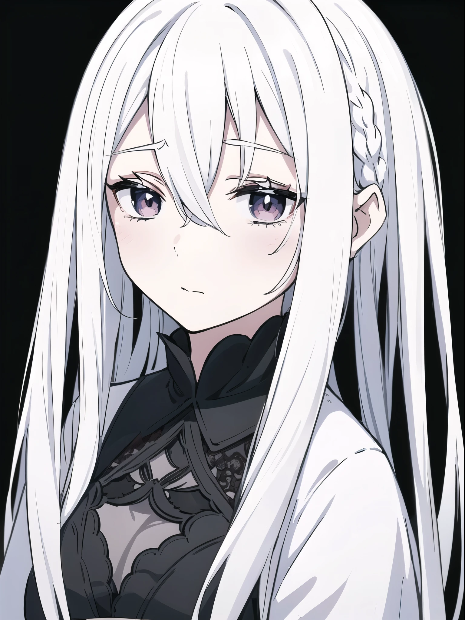 ((White hair)),((Head and Shoulders Image)),Sexy,A person,Alone,Simple style,pancake ,Simple details,Black background,Empty background,Black background wall,(20 year old woman),(Droopy hair),(White Gloves),(Evening Gown),(Lace Shirt),Lace,(confidence),(Tranquility)