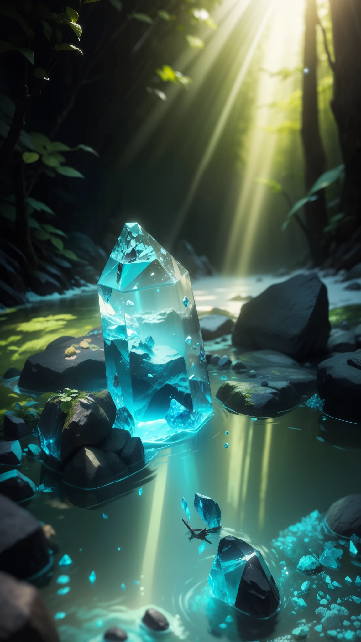 There is a small stone with many crystals on it., floating crystals, Crystal Water, Underwater Crystal, 岩の上で輝くcrystal, cave crystal, Crystals illuminate the scene, shining crystal, floating symbols and crystals, crystal, crystal deposits, crystal inclusions, organic crystal, Shining in the flowing creek, Magic Crystal, beautiful crystals, in the forest, morning, bright light