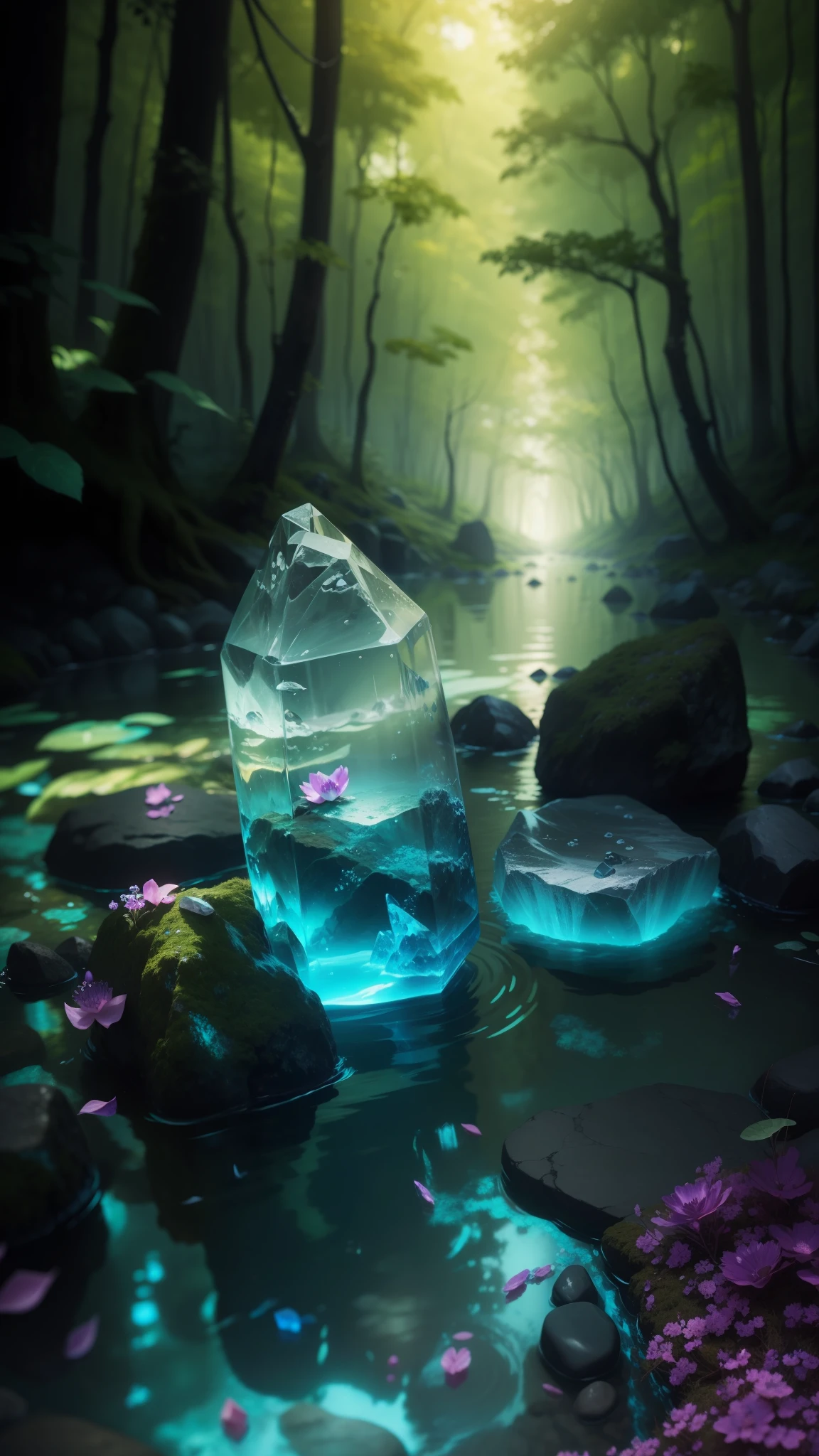 There is a small stone with many crystals on it., floating crystals, Crystal Water, Underwater Crystal, 岩の上で輝くcrystal, cave crystal, Crystals illuminate the scene, shining crystal, floating symbols and crystals, crystal, crystal deposits, crystal inclusions, organic crystal, Shining in the flowing creek, Magic Crystal, beautiful crystals, in the forest, morning, bright light