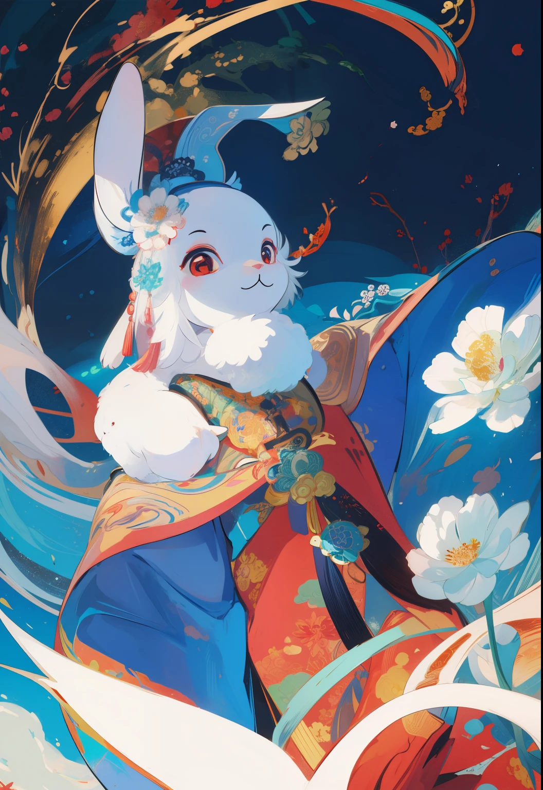 (Chinese aesthetics:1.5),Psychedelic， (view from below:1.2)，rabbit，personification，big color block，White，blue, Upper body, There are flowers,