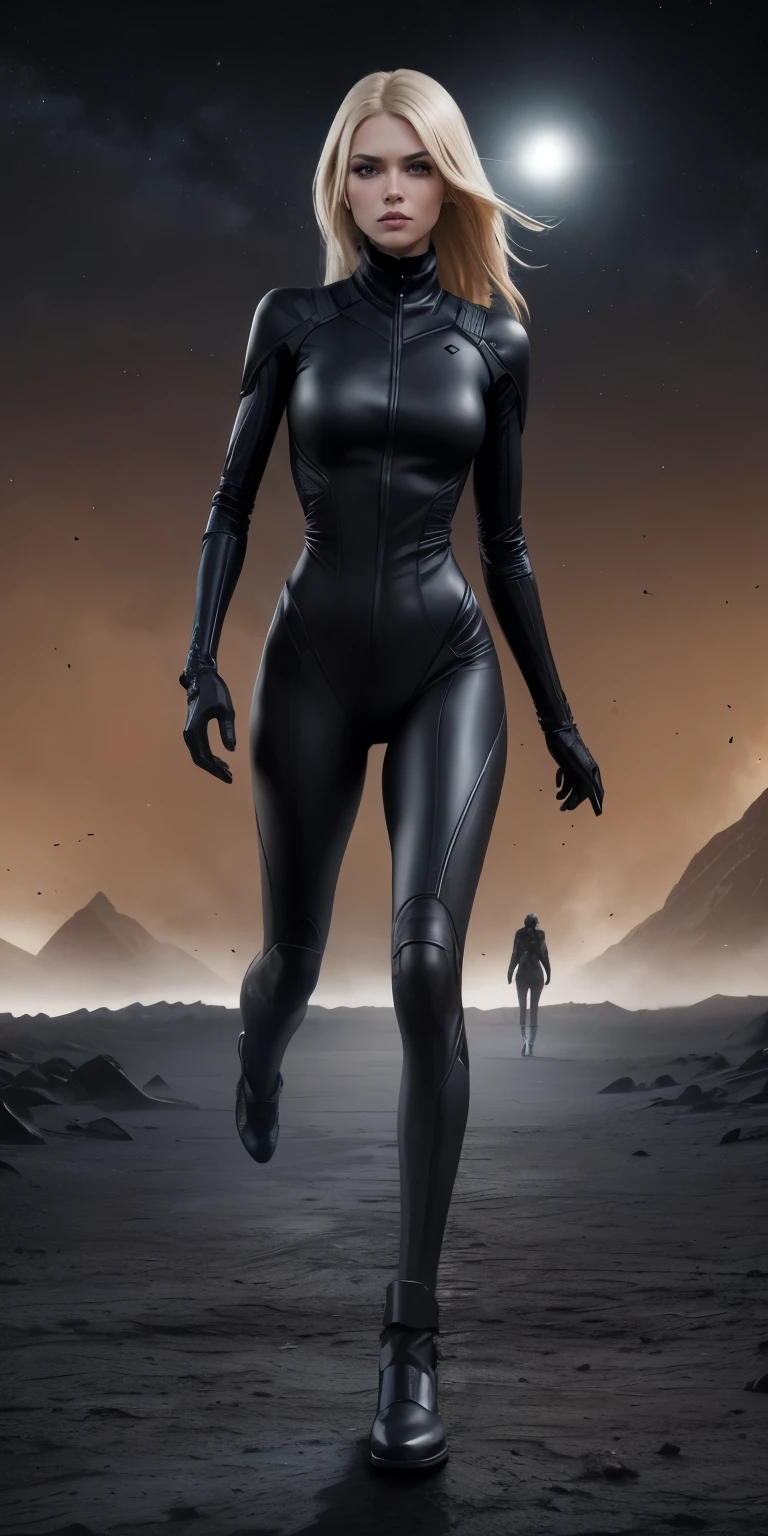 on a dark black planet a tall thin blonde woman in black body suite walks toward camera, all around her is darkness full body shot, dynamic walk, determined expression, determined, outside planet background, alien planet, no buildings, exterior weather shot, the planet is pitch black with black ash ground, 8k resolution,