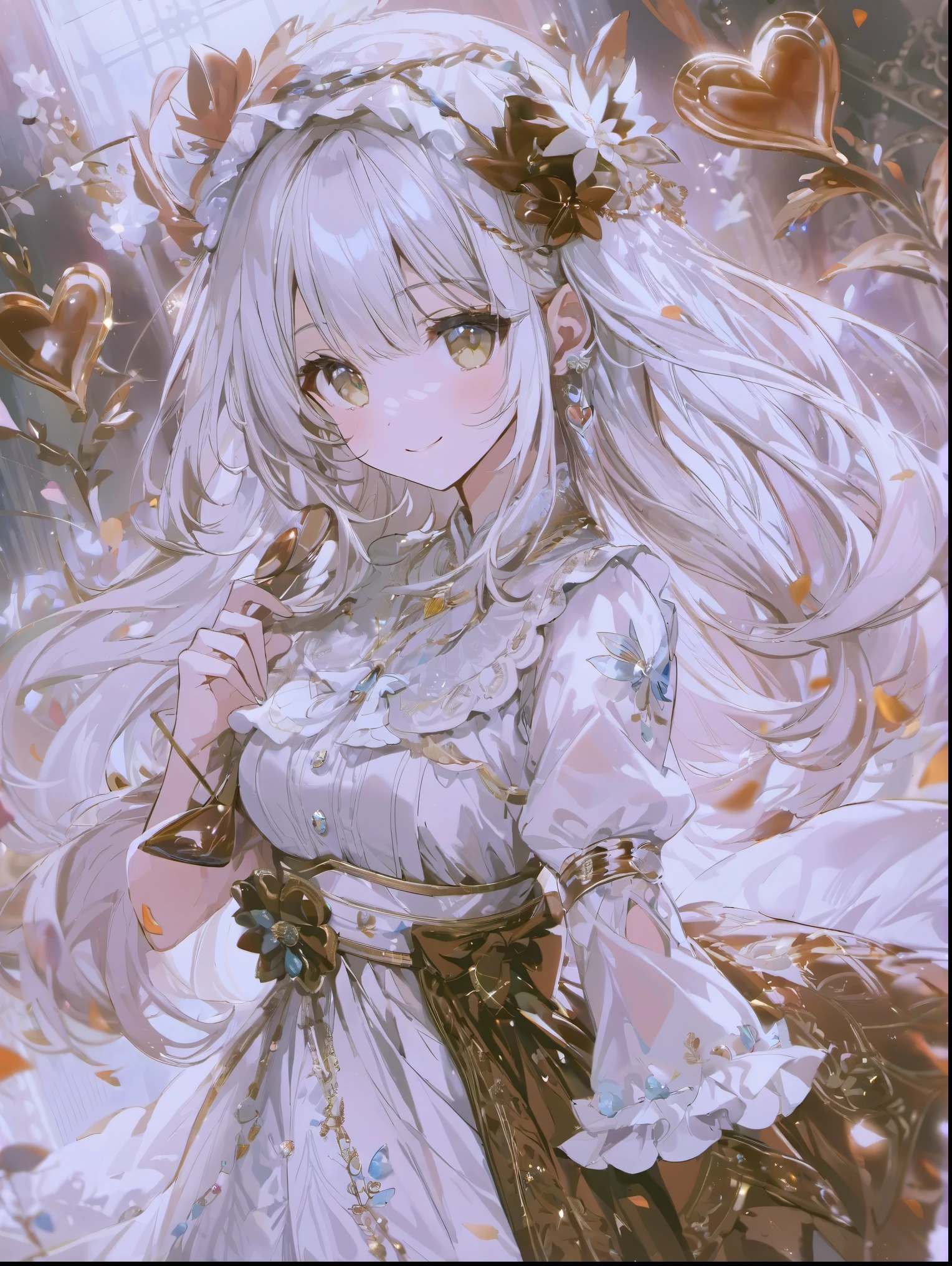8K resolution, ((highest quality)), ((masterpiece)), ((super detailed)), (very delicate and beautiful), with a girl, solo, cute, gentle expression, bright smile, bright white hair, long hair, light brown eyes, Shining eyes, beautiful eyes, Amazing eyes, Brown hair ribbon, white dress, brown skirt, chocolate, ホワイトchocolate, Valentine, bright atmosphere, nice atmosphere, Depth of the bounds written, beautiful background, whole body