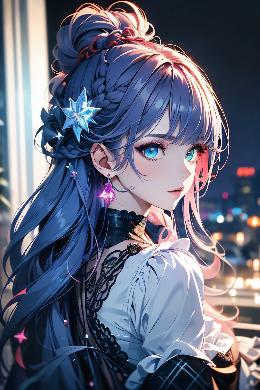 4K image quality, 1girl, sense of depth, absurdity, catch light, super beautiful illustration, starry sky, full moon, ((light blue, red mesh, long hairstyle: 1.3)), purple eyeshadow, (((4k, super Beautiful, in detail, green eyes))), bright red lipstick, gothic ta,;D, beautiful and delicate hair