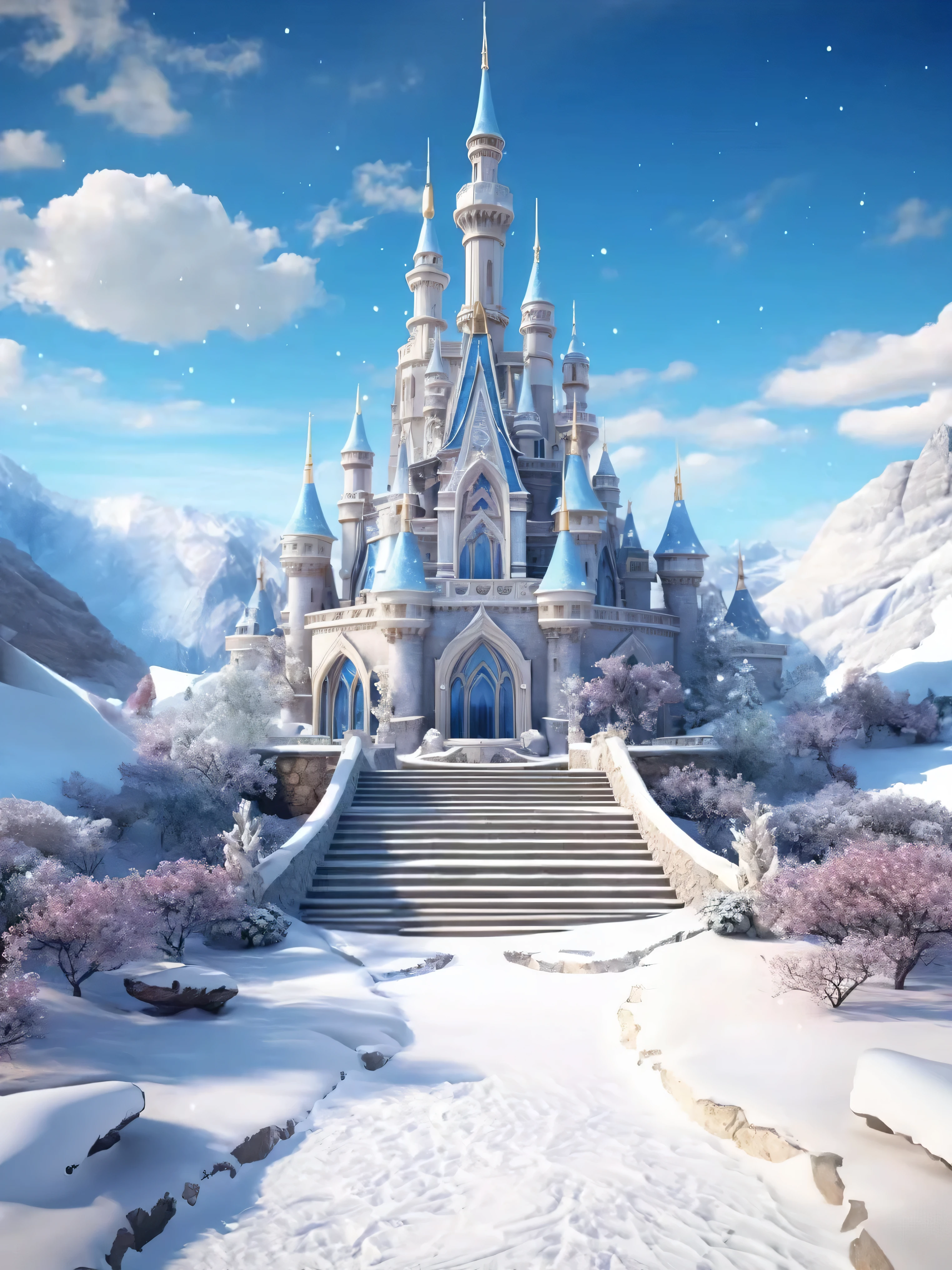 a close up of a castle in the snow with stairs, in style of disney animation, castle background, beautiful castle, background is disneyland castle, disneyland background, disney concept art, art in the style of disney, disney inspired landscape, photorealistic disney, mobile wallpaper, beautiful wallpaper, disney render, frozen ii klaus film, beautiful render of a fairytale, disney art style