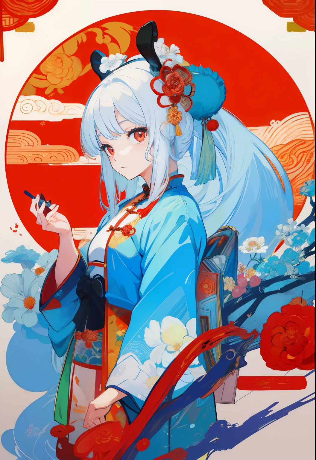 (Chinese aesthetics:1.5),Psychedelic,rabbit,big color block,White,blue, Upper body, There are flowers,