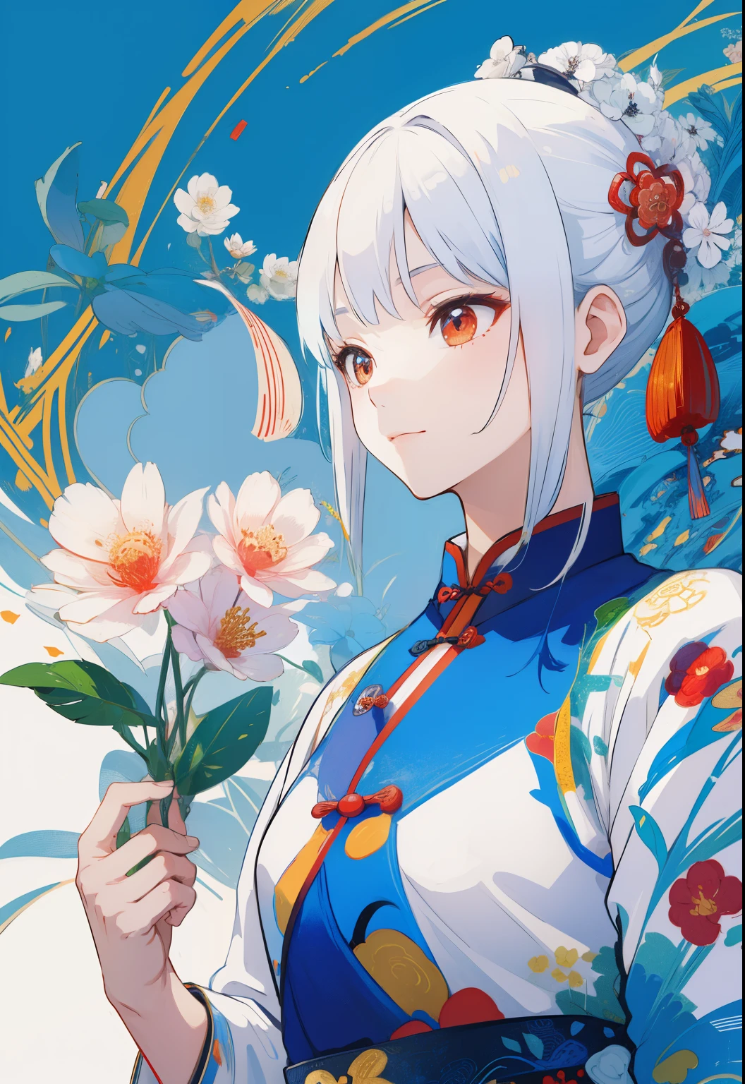 (Chinese aesthetics:1.5),Psychedelic，rabbit，big color block，White，blue, Upper body, There are flowers,