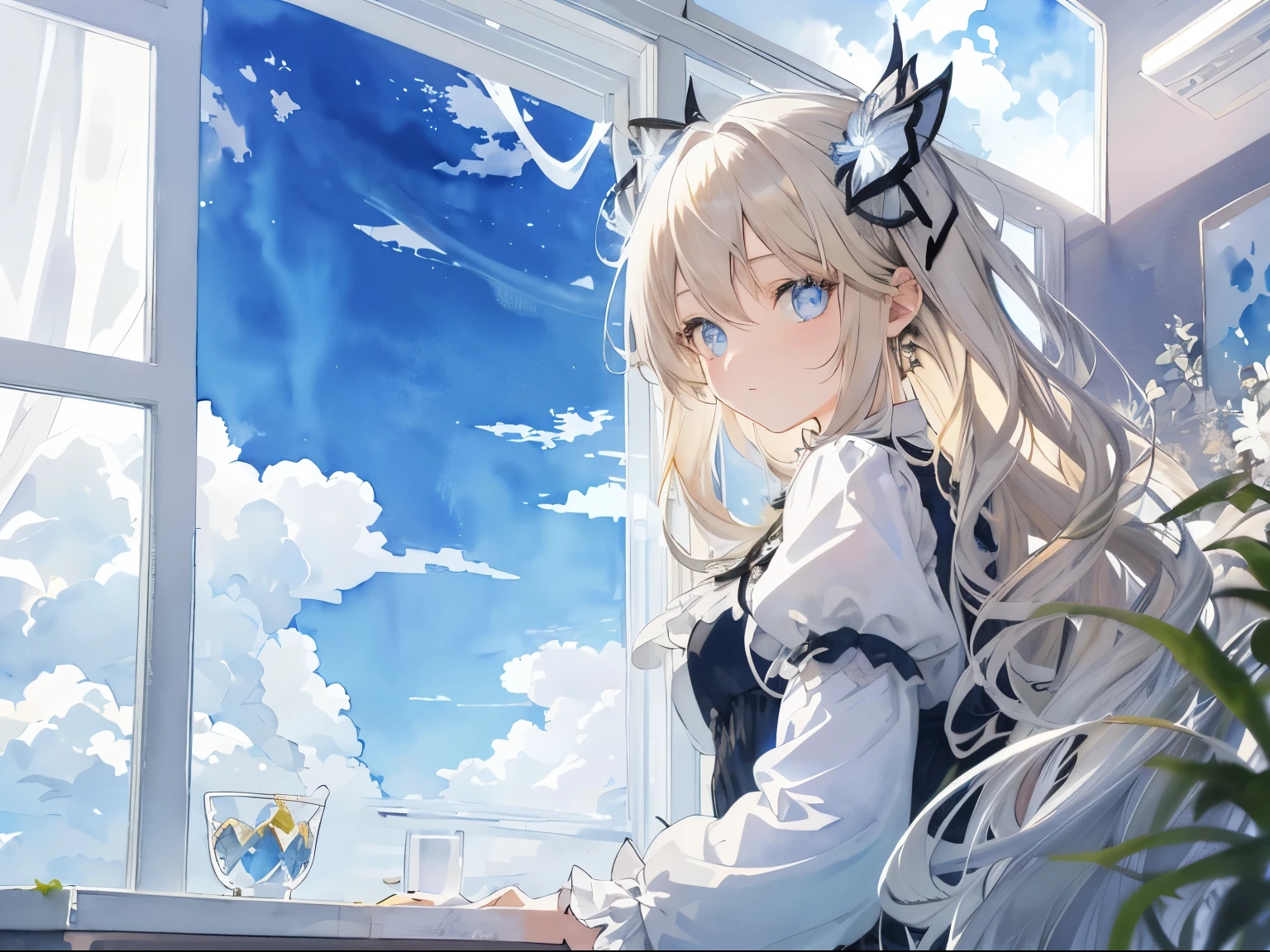 ((super detailed),sky background,beautiful clouds,The light from the back window is backlit.,element,Watercolor pattern in calm colors),(watercolor texture), ((1 girl),long gray hair,blonde hair,blue eyes,adorable,Angelic),light smile,****ta prostitute,best image quality