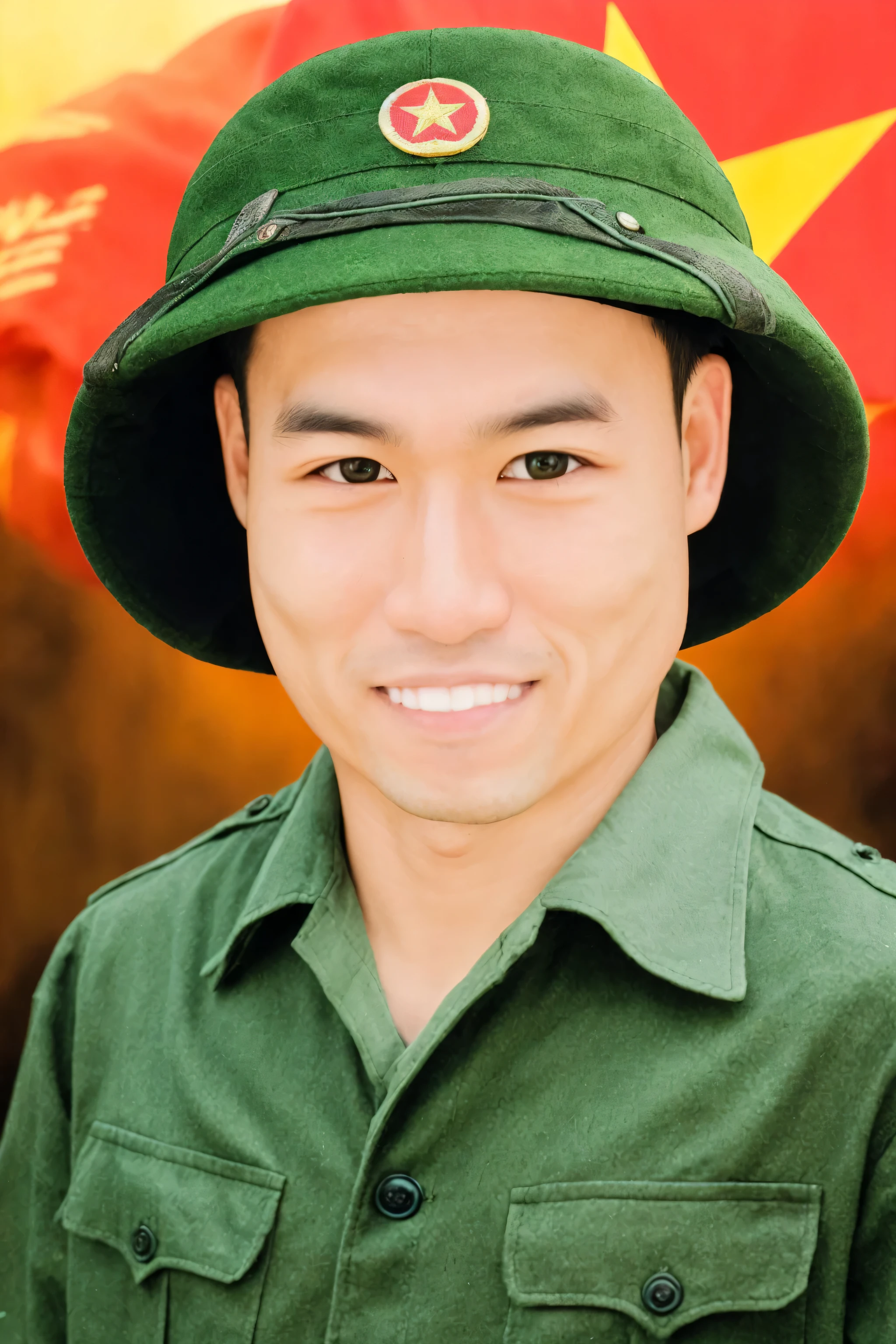 RAW photo of a 30 year old man, wearing a green Vietnamese army shirt, Asian, black hair, smiling mouth, wearing a military cap, real face, (photorealistic:1.4), (high Detail soft skin: 1.2), 8k uhd, dslr, soft light, High quality, film grain, Fujifilm XT