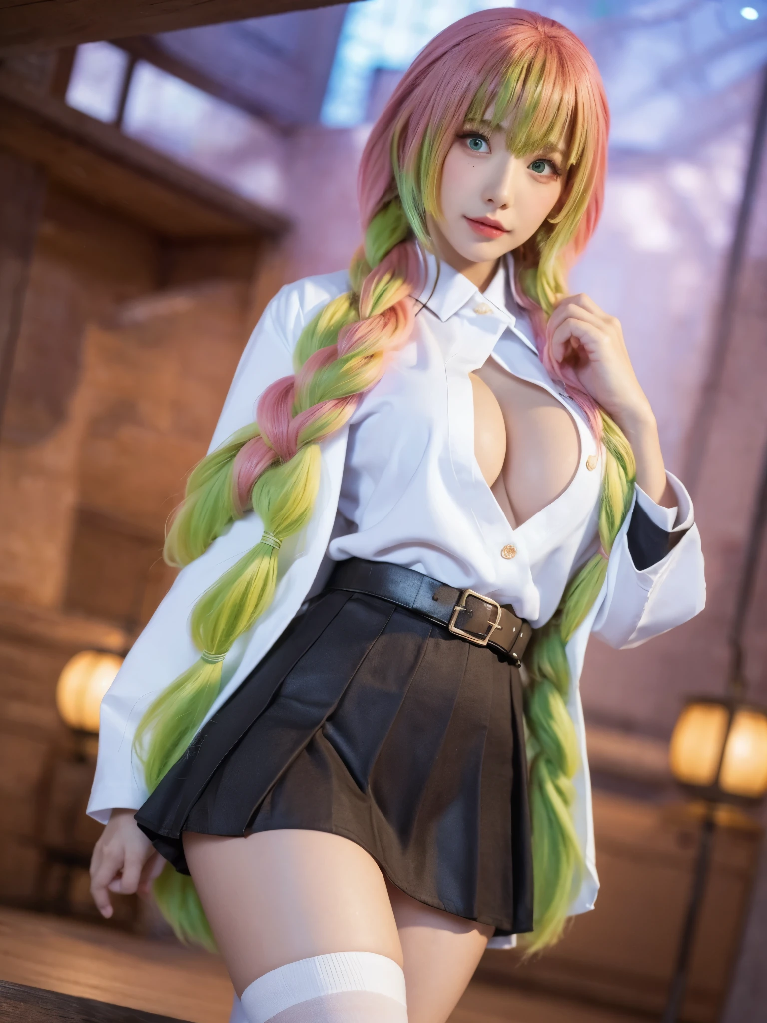 (green knee socks:1.3),Kanroji Mitsuri,mole under eye,pink hair,mole,long hair,colorful hair,Braid,gradient hair,demon slayer uniform,green hair,green eyes,bangs,long sleeve,shirt,twin Braids,two tone hair,kimono,white shirt,Haori,Jacket,black Jacket,belt,collared shirt,white belt,skirt,unbuttoned shirt,black skirt,open shirt,knife,pleated skirt,miniskirt,1 girl,sexy pose,highest quality,masterpiece,figure,very delicate and beautiful,CG,unity,8k wallpaper,wonderful,finely,masterpiece,official art,very detailed CG unity 8k wallpaper,incredibly absurd,huge file size,super detailed,High resolution,very detailed,beautiful detailed girl,realistic,full frontal,outdoors,contrast of light,