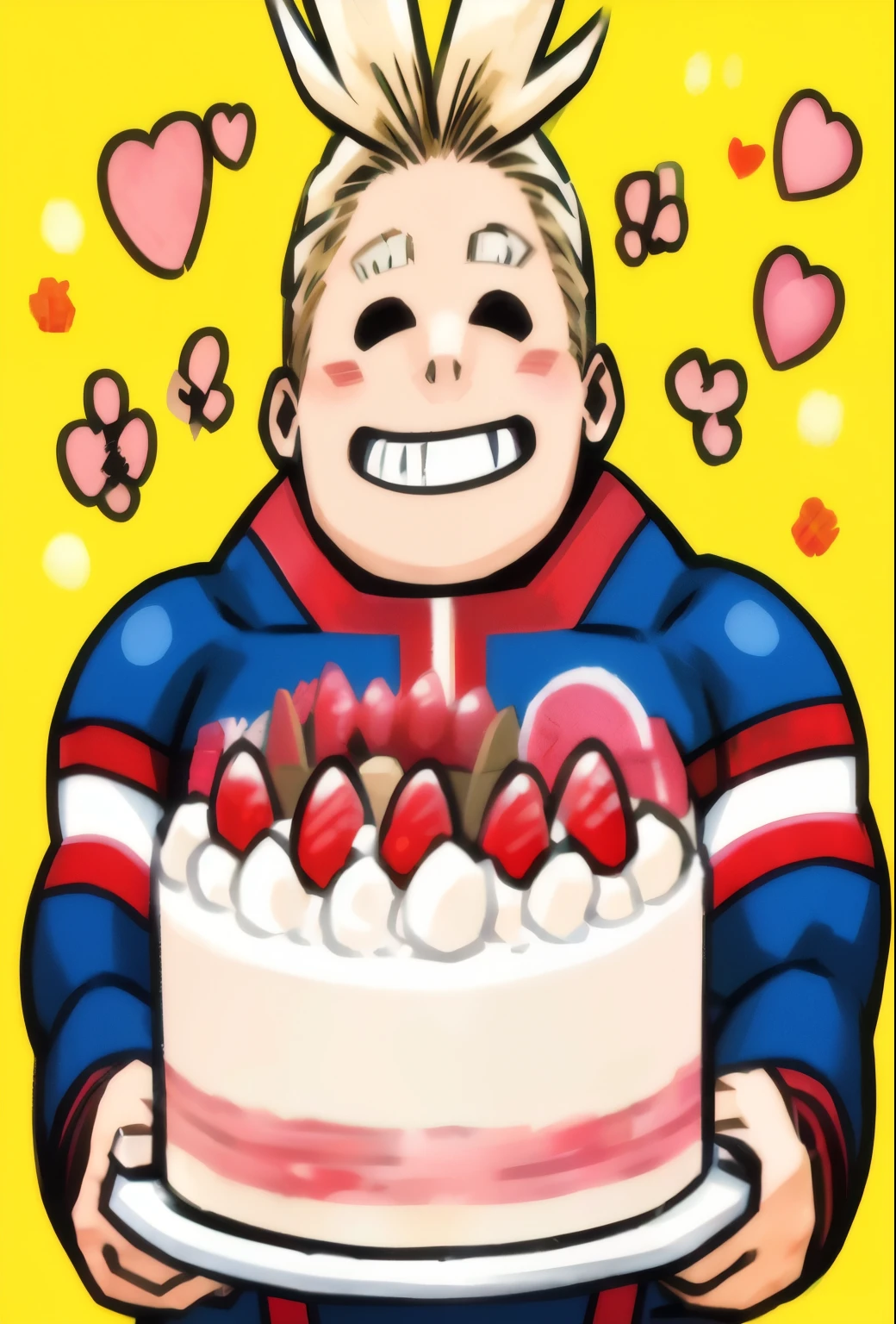 All Might, All Might presenting a cake, my hero academia, horikoshi kouhei style, anime style, superhero,