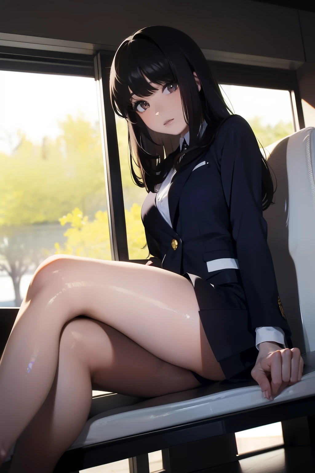 ((maximum beauty)), ((ojos marrones y cabello negro)), chica hermosa en uniforme de stewardess en el aeropuerto next to a serene lake, ((detallada)), best quality, ultra high res, the beautiful woman with brown eyes and black hair is seenin an elegant uniform by the tranquil lake in the airport.