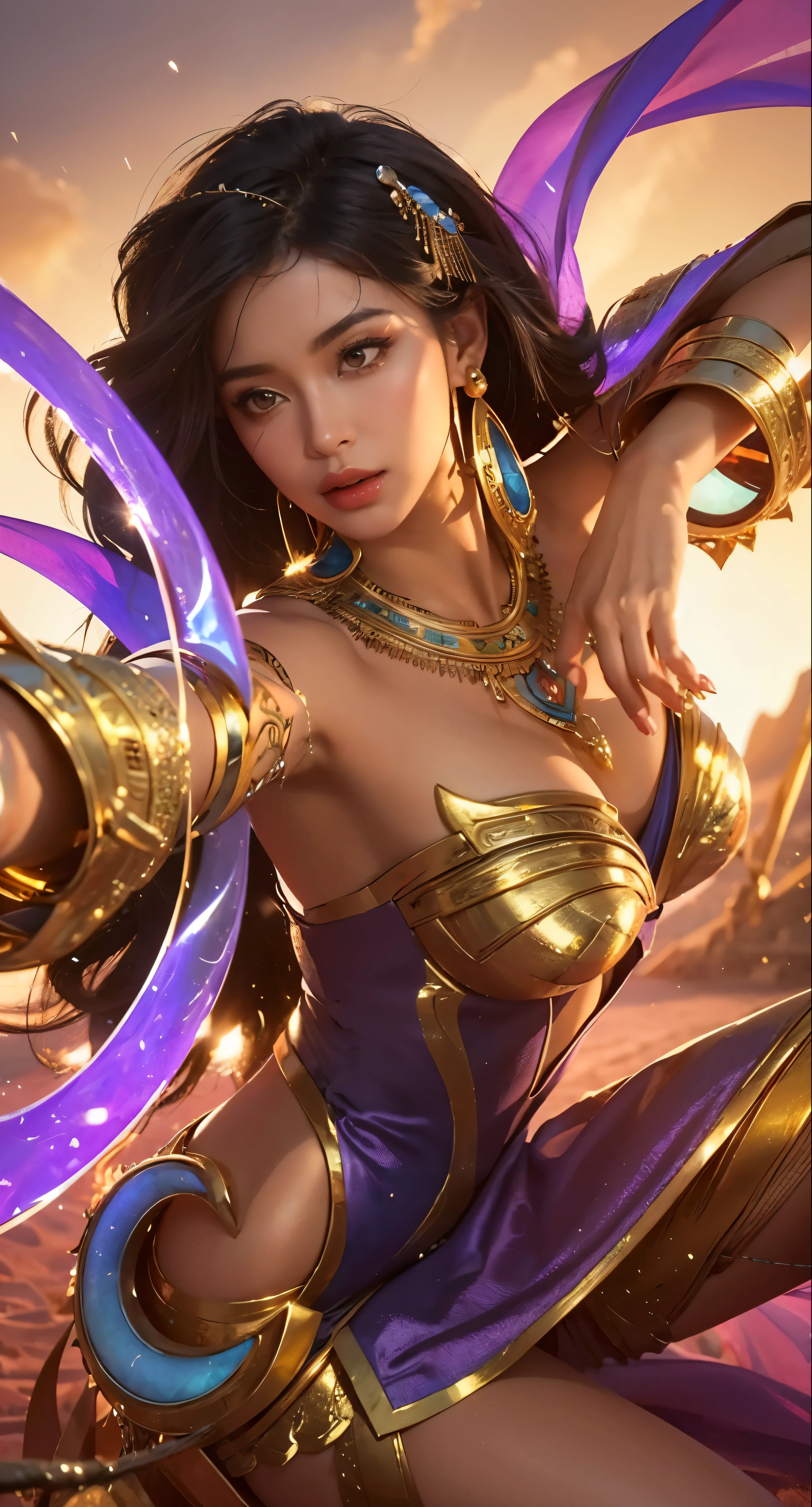 (best quality,4k,8k,highres,masterpiece:1.2),ultra-detailed,(realistic,photorealistic,photo-realistic:1.37),vibrant colors,beautiful detailed eyes,golden eyes,a woman in a purple dress,stunning black hair,brown skin,Egyptian beauty,ancient Egypt vibes,powerful aura,sand dunes,hieroglyphics,opal jewelry,ornate headpiece,serene expression,goddess-like elegance,royal posture,sunlight casting shadows,atmospheric lighting,epic background scenery,ethereal beauty,exquisite features,alluring gaze,graceful movements,enchanted atmosphere,wisdom and power,mythical enchantress,perfectly symmetrical composition,rich and warm color palette,textures of ancient stones,impressive craftsmanship,a masterpiece depicting elegance,strength and mystery,iconic representation of a goddess, gold bracelett, gold necklace, big breast, eyeshadow, medium eyes