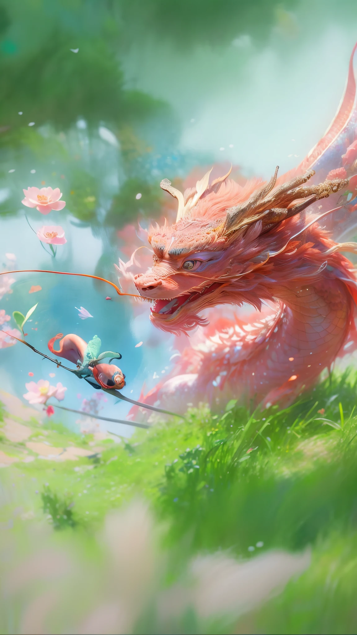 There is a dragon flying over the water of the pond, Chinese fantasy, Beautiful digital art work, fantasy art behavior, ðš CG society, Lovely and detailed digital art, A beautiful artistic illustration, Popular topics on cgstation, Realistic Fantasy Illustrations, CG society and fenghua zhong, Detailed fantasy digital art, Stunning digital illustrations, digital fantasy art ), Chinese dragon concept art