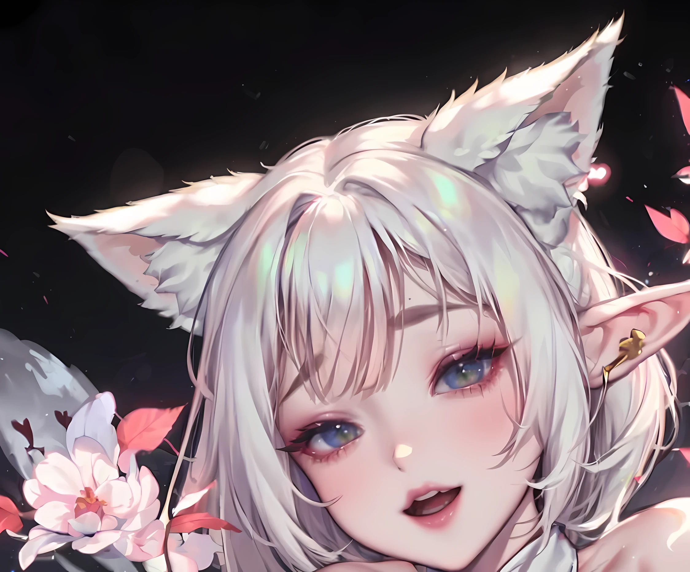 actual, , white hair, big eyes, Smile，open mouth，big breasts，glowing eyes，open lips, blush, daytime，background flowers, Orc ears，Fox fairy，Kimono decoration，Sexy，exposed，迷人的Smile，Half-length kimono，white fox ears，White pink fox tail，High thigh slit，，Beautiful background，Mature，red background，warm color，red sleeves，bright colors，white hair，Sense of lens，The exquisite beauty of illustrations，Lying in bed，，little girl