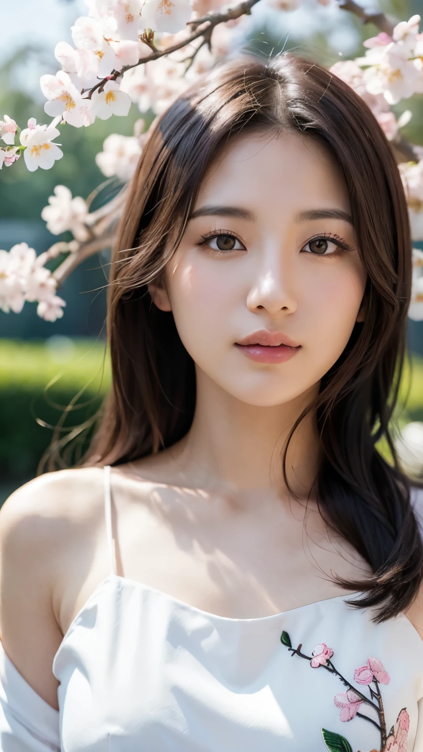(A logo、masterpiece、8K、masutepiece、Raw photo、Fantastic、Best Quality、Photorealistic、extremely detailed CG unified 8k wallpaper、hightquality、ighly detailed、epic poem、Particle effect、Dynamic effects、depth of fields、Cinematic Light、Lens Flare、Ray tracing)、Fantasia、 (Beauty 1 person、White Japanese Clothing、Japanese dress、White cherry blossom pattern、White cherry blossom embroidery pattern、A dark-haired、Beautiful face、Real Face、Beautiful detail eyes、Beautiful skin)、Hair flutters in the wind、Hair jumps、Pink cherry blossom tree、Petals flutter、Sakura blizzard、Superb view、morning glow、Sun in the background、the wind、Deities、tusk、myth、Vast Land、
