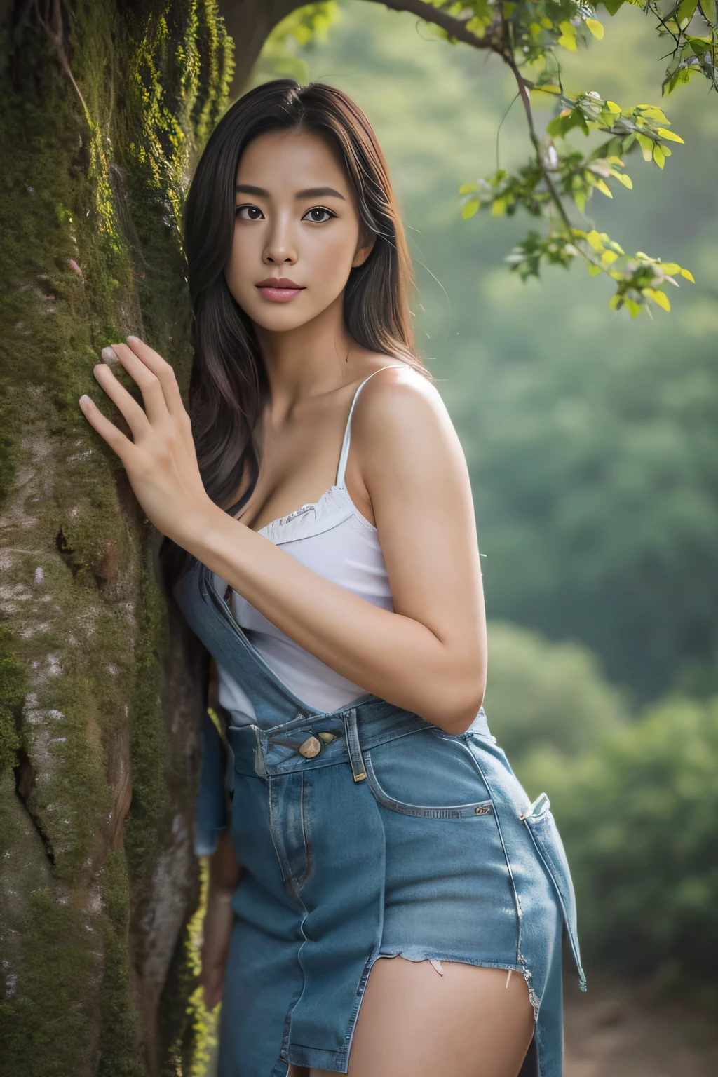 (highest quality,8ｋ,overwhelmingly beautiful:1.2),(beautiful appearance、Beautiful realistic woman),climbing costume、perfect body、beautiful skin、gravure、Universal beauty、valley view、dense fog、Big tree:1.5、Yamabiko:1.4、professional photography、Artistic、
