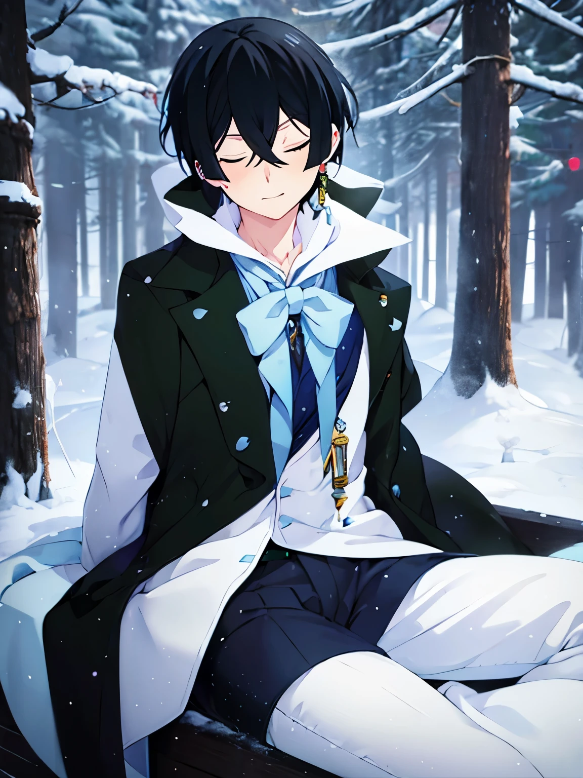 1boy,vanitas no carte,Sit, eyes closed,at the north pole, snow storm,half body photo