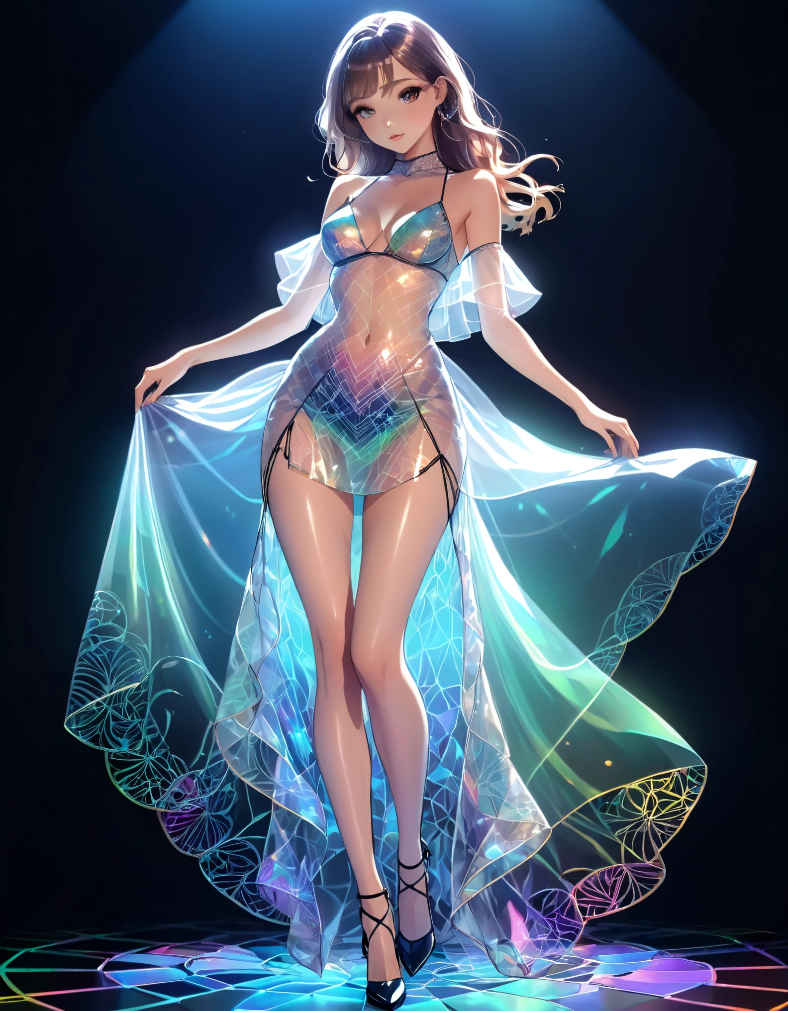 (hologram:1.5),full body ,solo,1 Sexy girl, Transparency Silk long skirt, lingerie, long legs, high heels, dynamic posture,zentangle, geomerty,Cinematic lighting effects