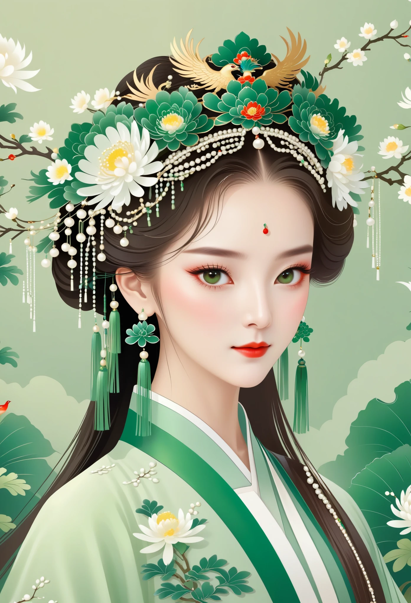 flat,vector,Meticulous,Simple lines,beautiful girl,portrait,Phoenix crown,Tassel headdress,Crown of pearls,Hanfu,palace, Green chrysanthemum background,round background
